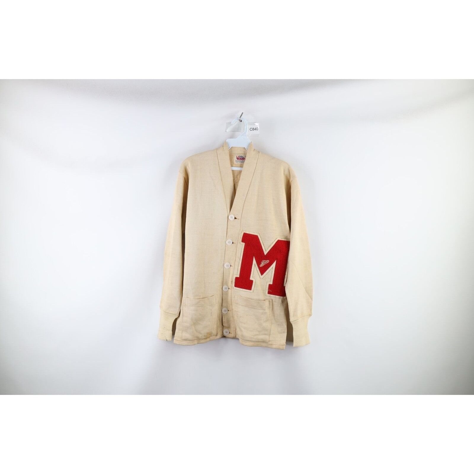 image of Vintage 40S Thrashed Wool Knit Track Shoe Varsity Cardigan in Beige, Men's (Size Small)