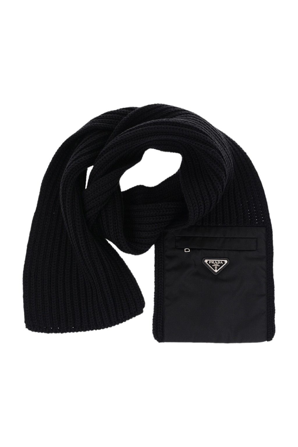 [PRADA]★Re-nylon Scarf★Black Black Wool Scarf With Re-nylon Gabardine Pocket | PRADA