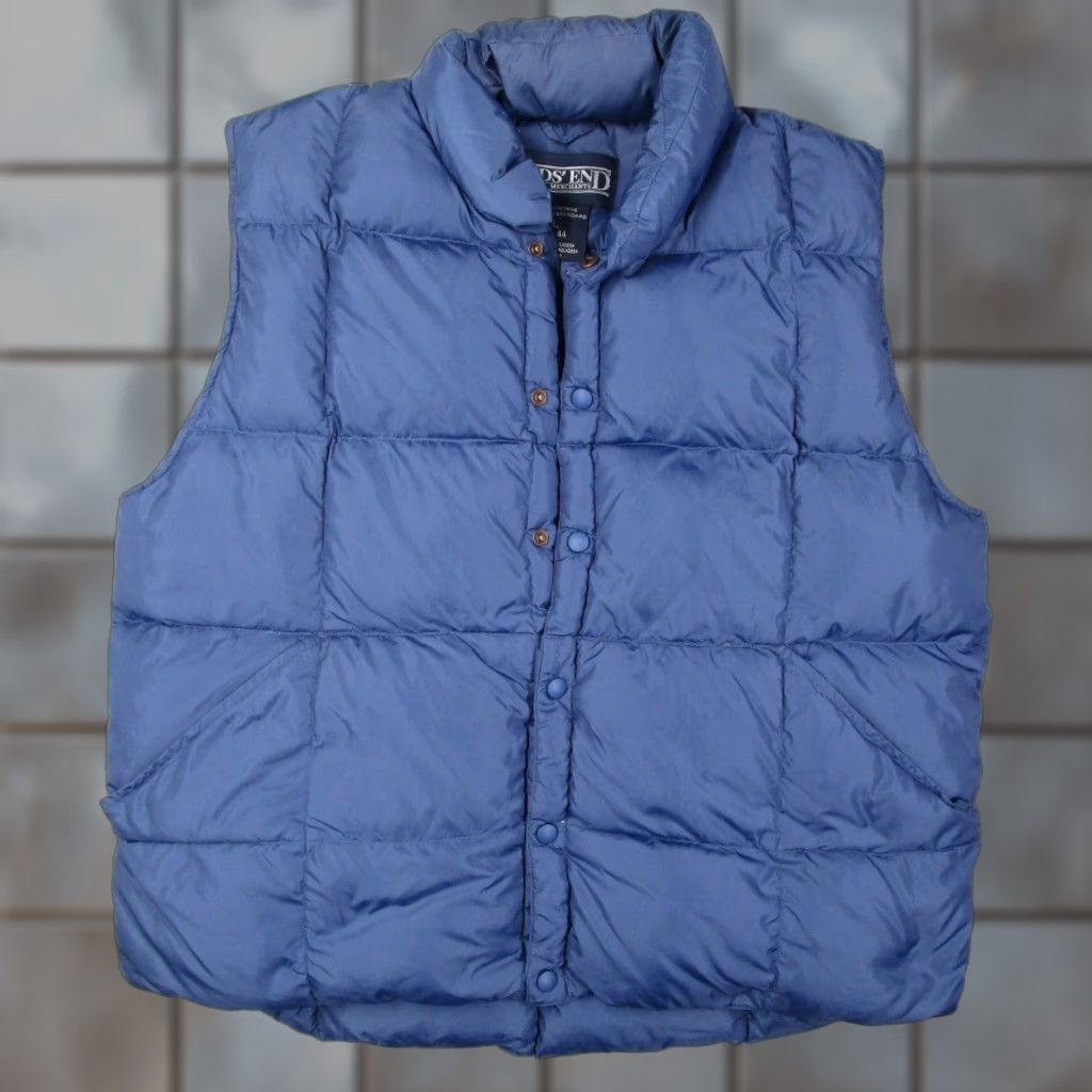 VINTAGE Lands' End Vest Puffer Goose Down Quilted Snap Front Stand-Up Collar Blue L 44 Chest Casual Men