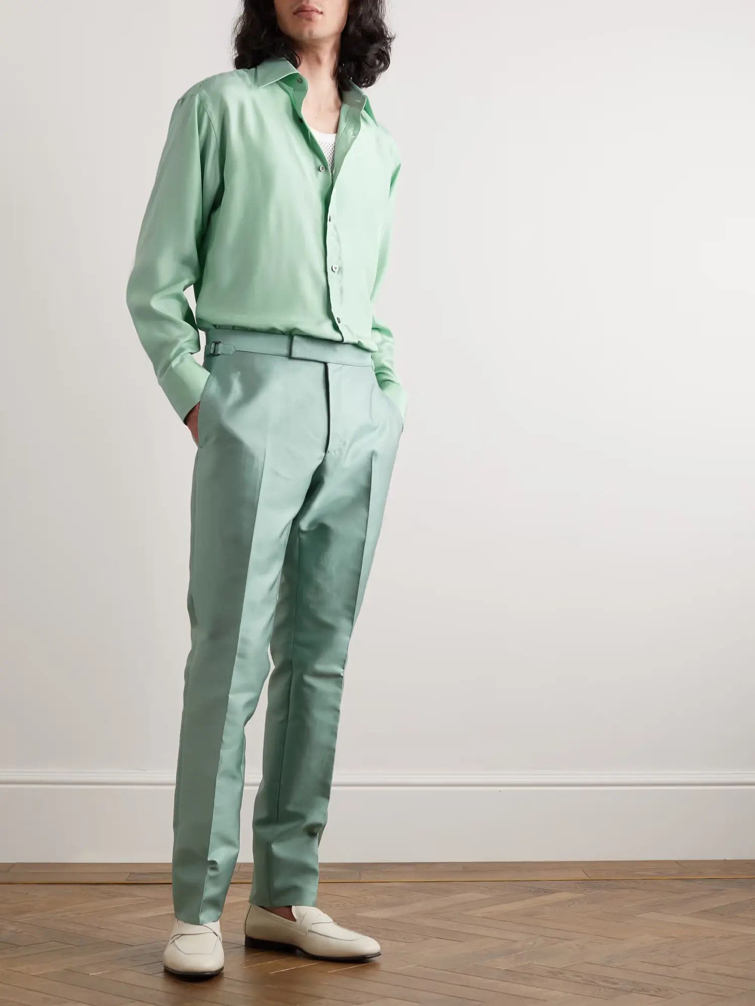 Tom Ford o1loc1c0724 HBBJ01 Silk-Blend Satin Shirt in Light Green Size US M / EU 48-50 / 2 - 2 Thumbnail