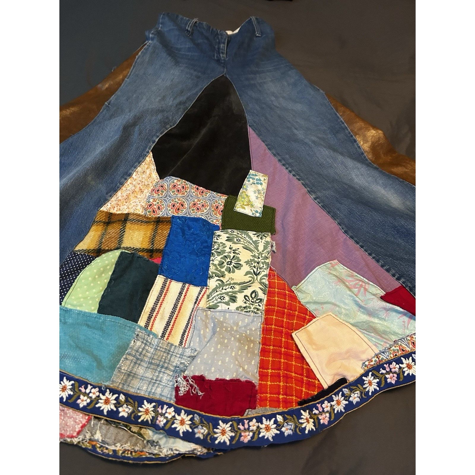 Other Vintage Homemade Denim Leather Velvet Quilted Sewn Skirt Size 26" / US 2 / IT 38 - 13 Thumbnail