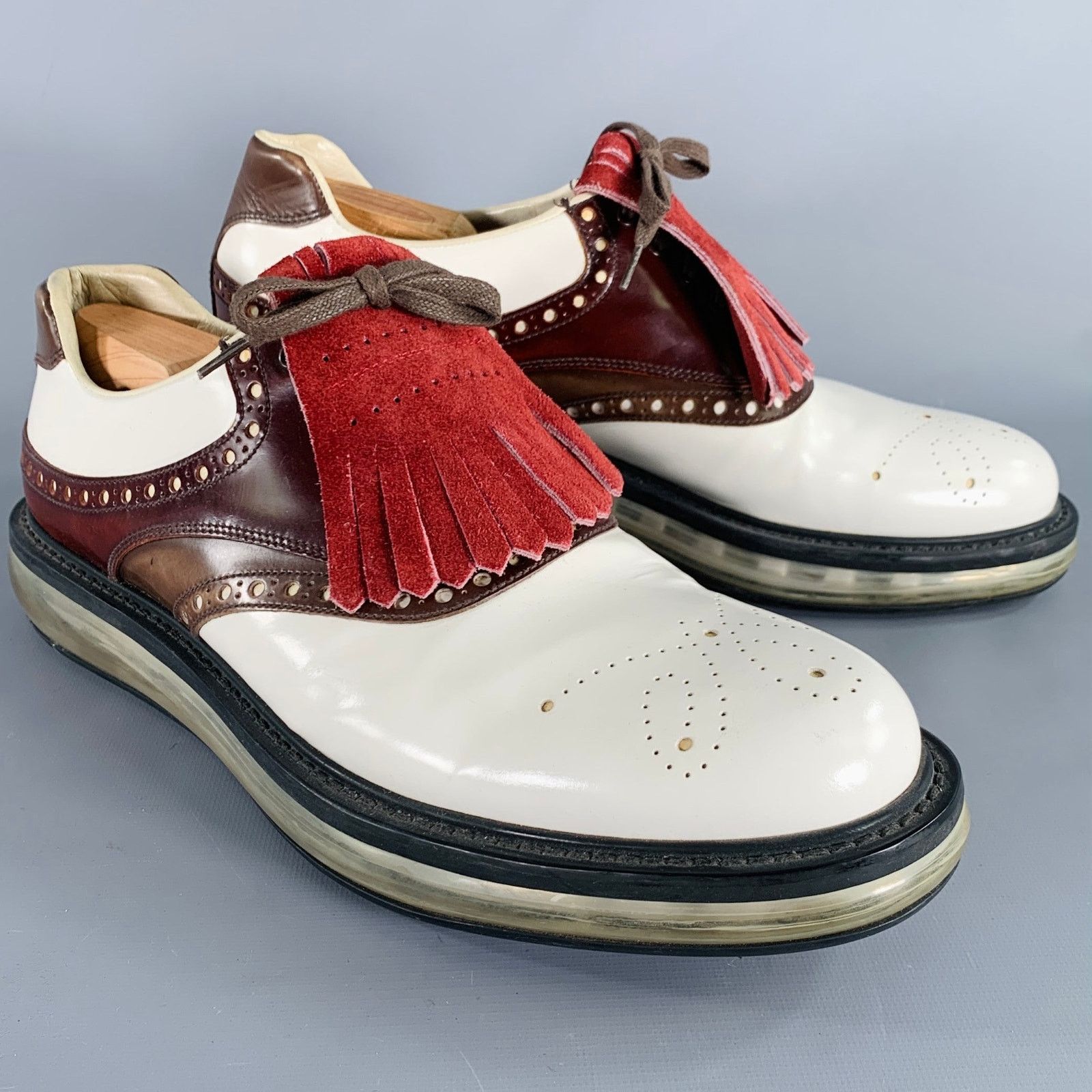 Prada Size 12 White Burgundy Perforated Leather Lace-Up Shoes Size US 12 / EU 45 - 1 Thumbnail