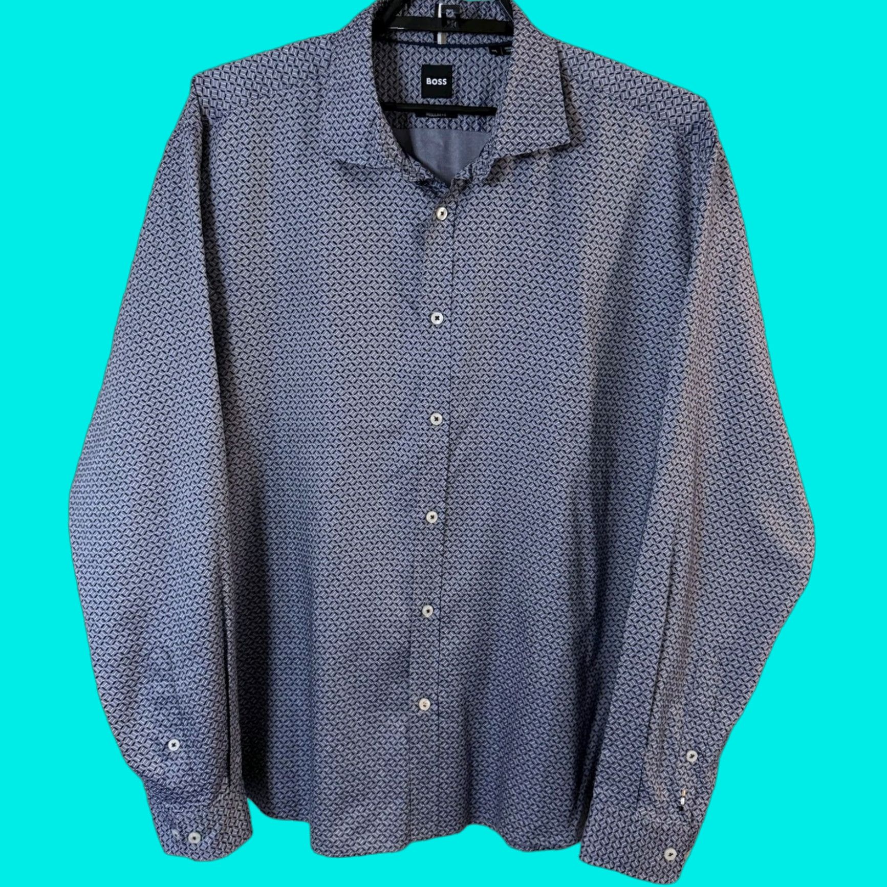 Hugo Boss HUGO BOSS Dress Shirt Liam Regular Fit Geometric Button-Up Lyocell Blue 2XL Mens Size 48R - 1 Thumbnail