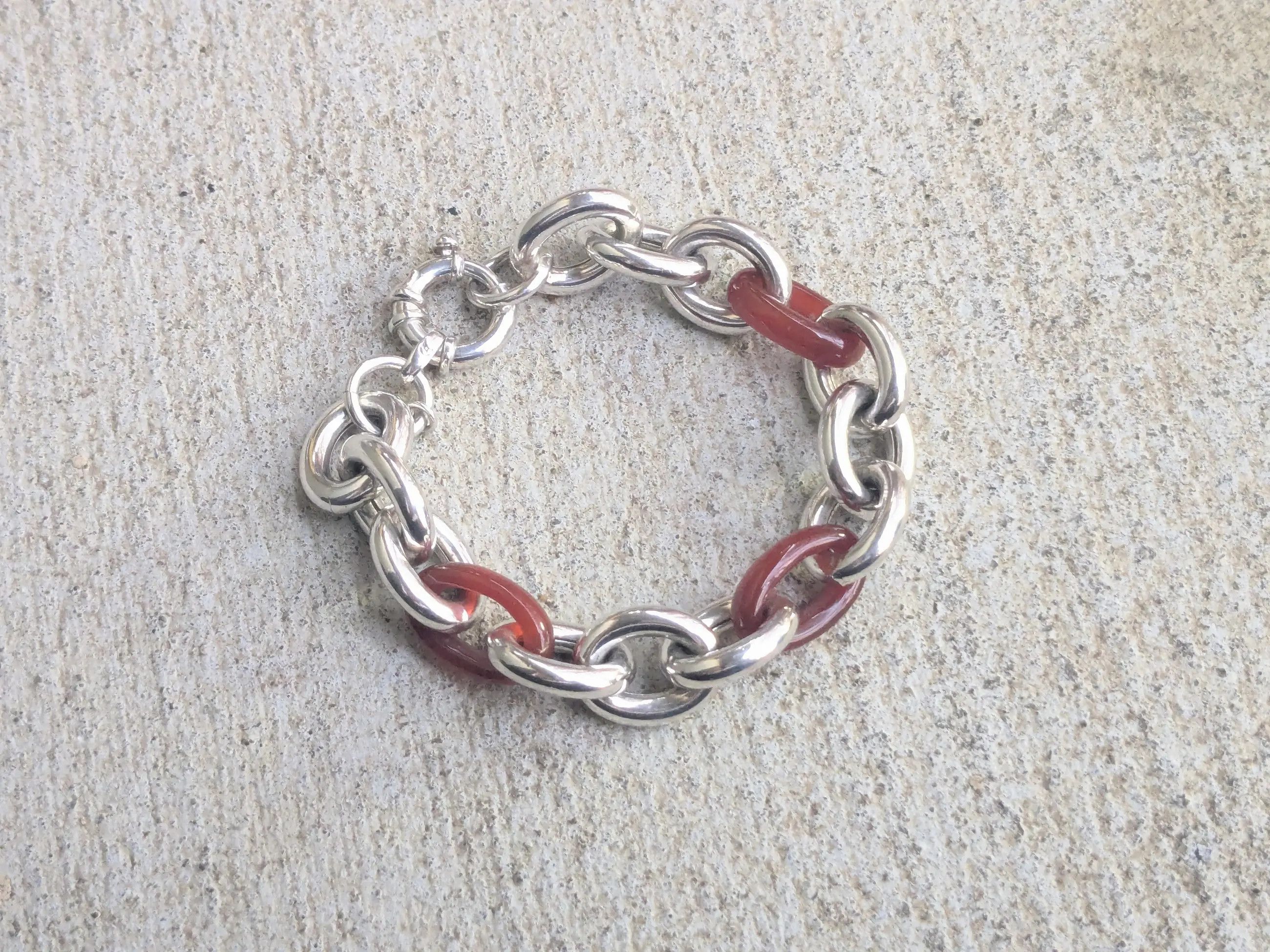 Jewelry Vintage Sterling Silver Bracelet Carnelian Oval 6.75 Italy Size 26 - 1 Thumbnail