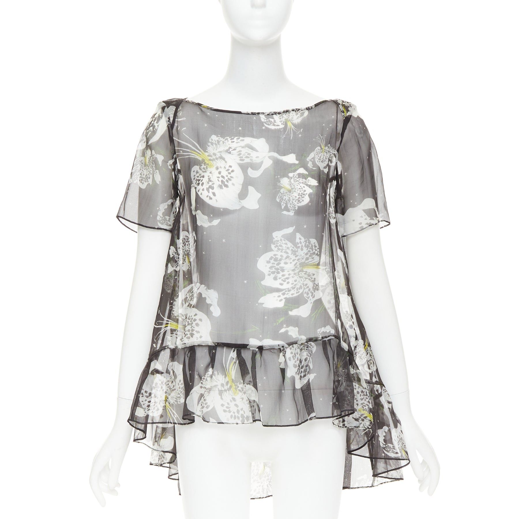 Erdem ERDEM 100% silk black yellow sheer floral print waterfall frill babydoll top UK10 M Size M / US 6-8 / IT 42-44 - 1 Thumbnail