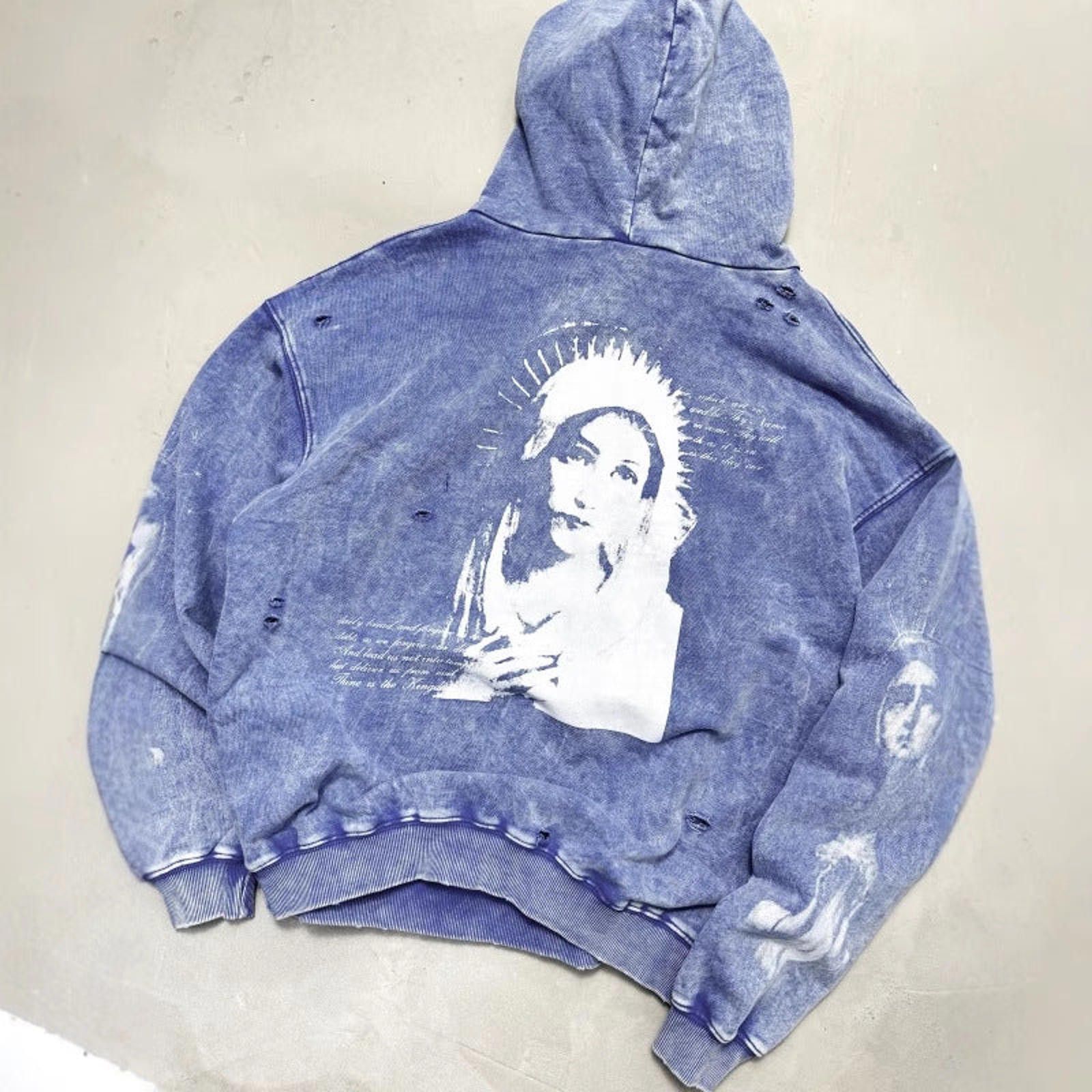 Other Portrait-Print Washed Distressed Pullover Hoodie | Blue Size US M / EU 48-50 / 2 - 2 Thumbnail