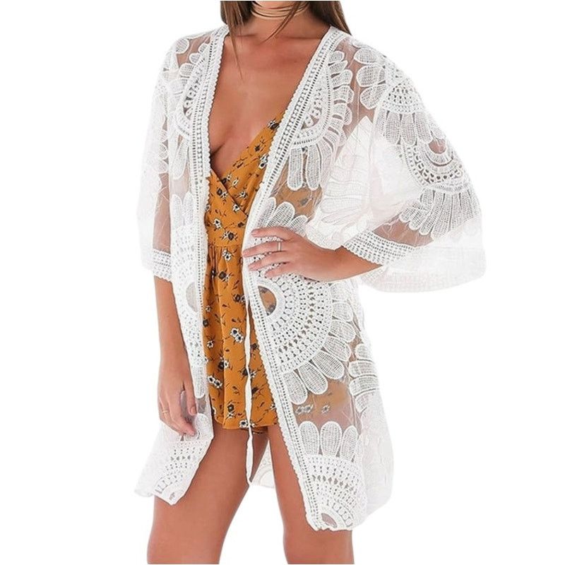 Other White Floral Long Sleeve Swimsuit Cover Up Long Kimono Size ONE SIZE - 1 Thumbnail