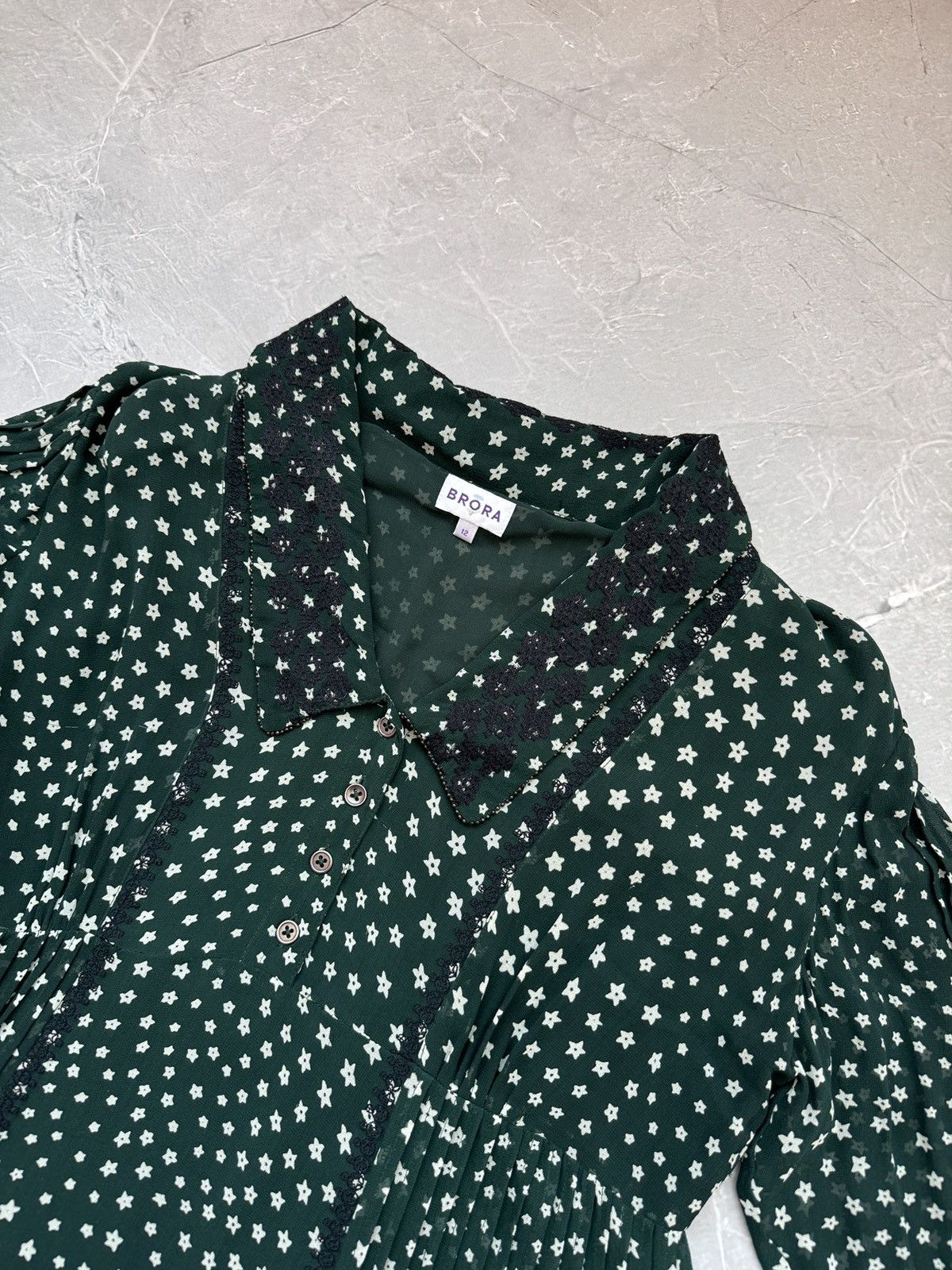 Other Brora Silk Star Print Embroidered Dress Dark Green Size L / US 10 / IT 46 - 16 Thumbnail