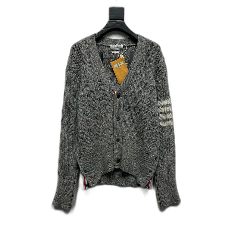 THOM BROWNE Four-Stripe Gray Wool Cardigan