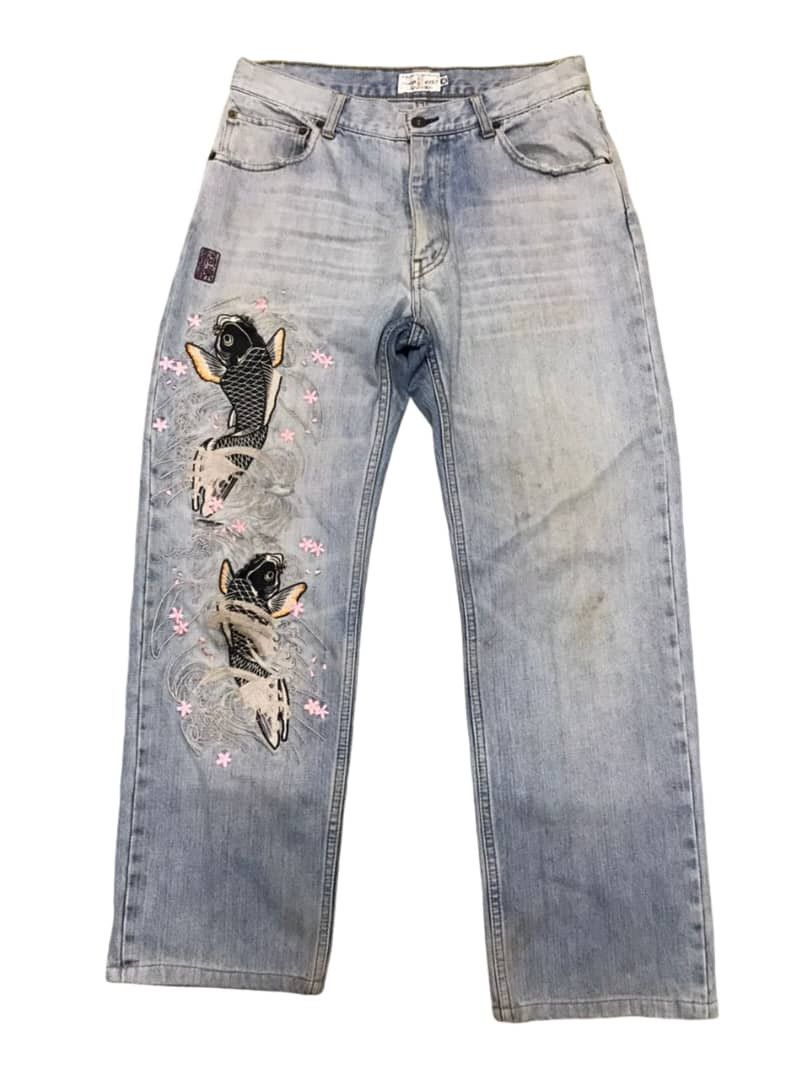 Japanese Brand Vintage KaraKuri Tamashi Koi Fish Embroidery Jeans Size US 32 / EU 48 - 1 Thumbnail
