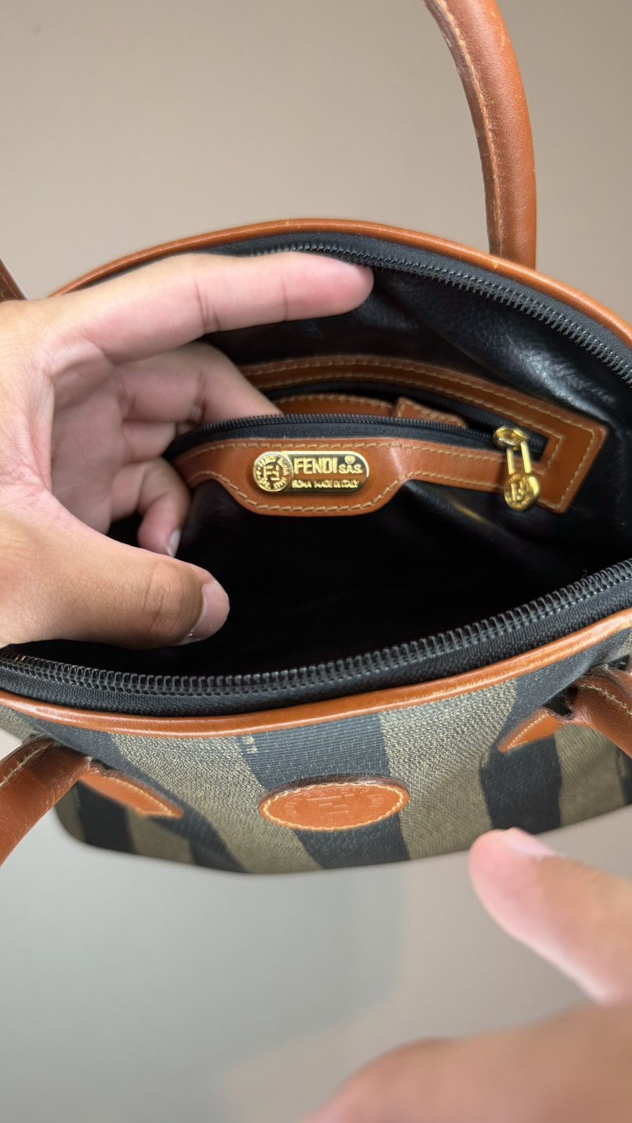 Fendi Fendi Brown Striped Pequin Canvas Dome Handbag with Leather Size ONE SIZE - 11 Thumbnail