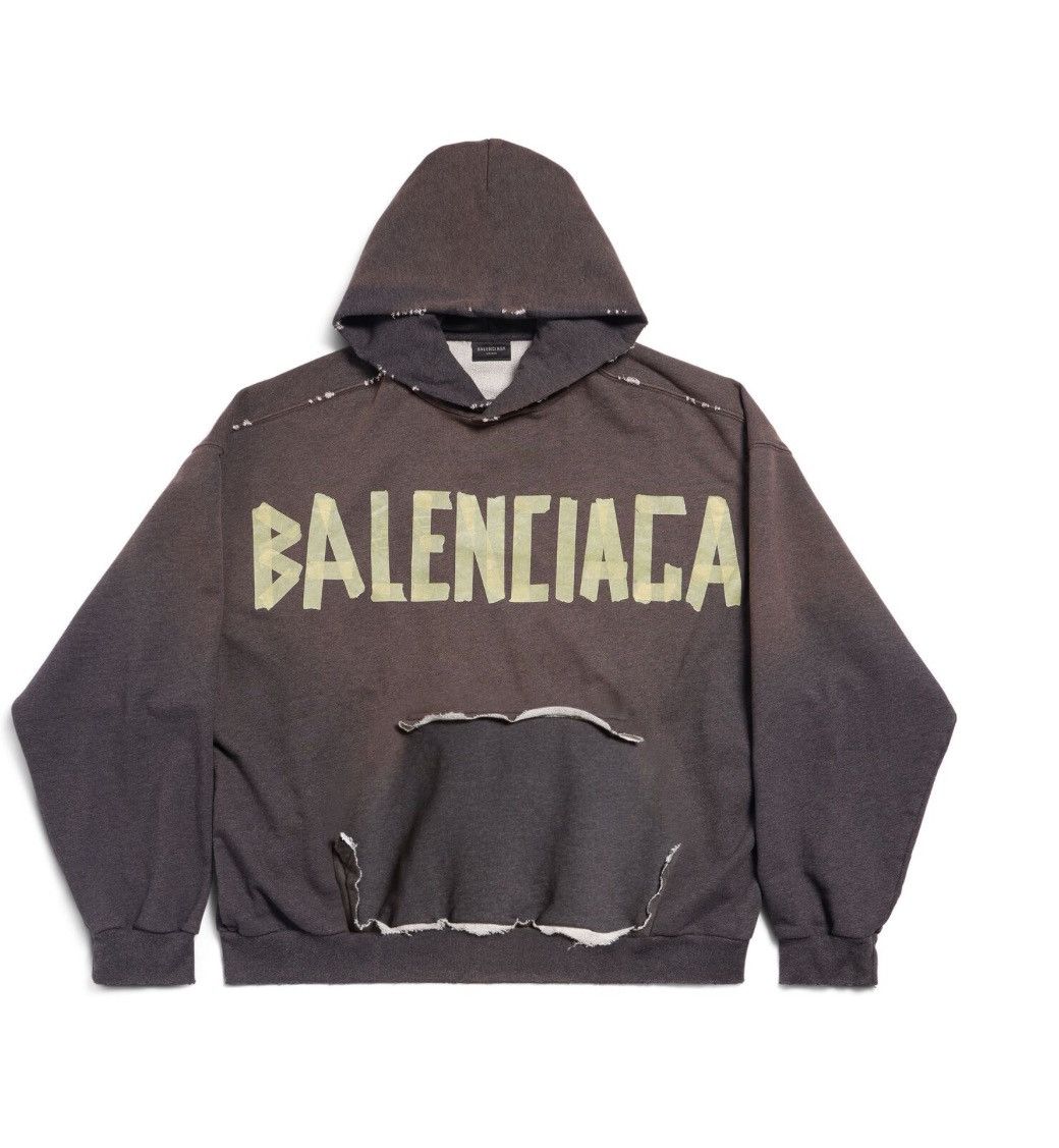 image of Balenciaga Tape Type Ripped Pocket Hoodie Large Fit In Dark Grey, Men's (Size XL)