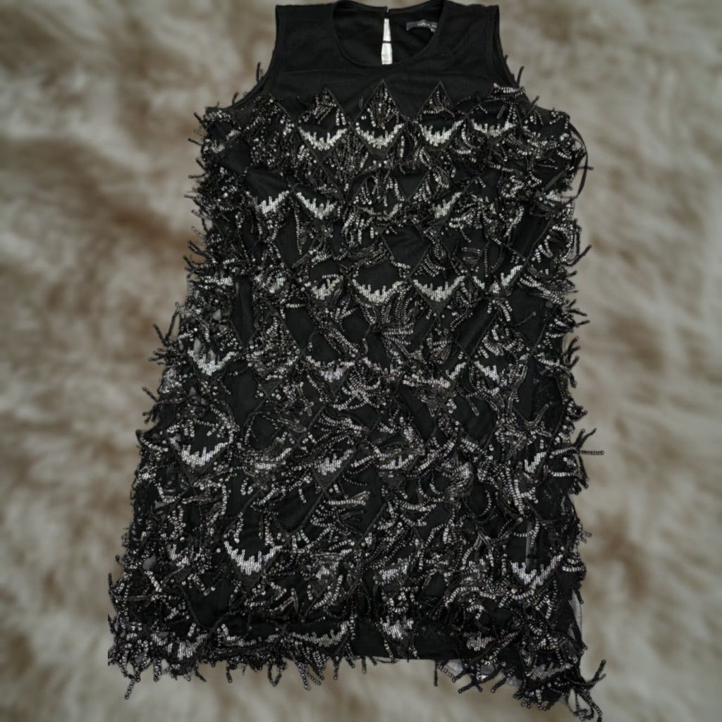 Vintage Julia Jordan Womens Sequined Knee Length Dress Tank Sz 2 Black Fringe Keyhole Sheath Size XS / US 0-2 / IT 36-38 - 1 Thumbnail
