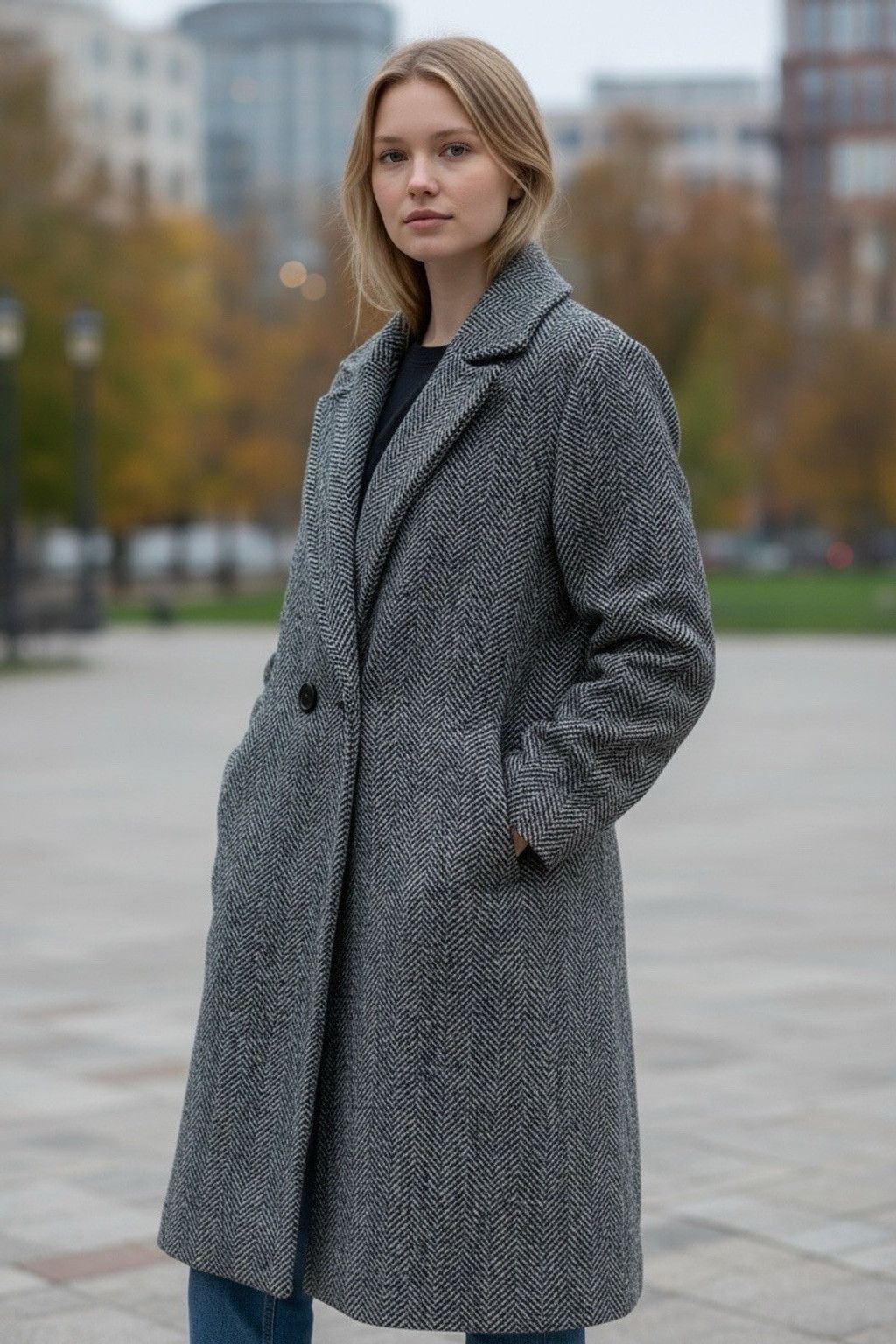 DKNY DKNY Women Herringbone Double Breasted Wool Blend Coat Large Size L / US 10 / IT 46 - 1 Thumbnail