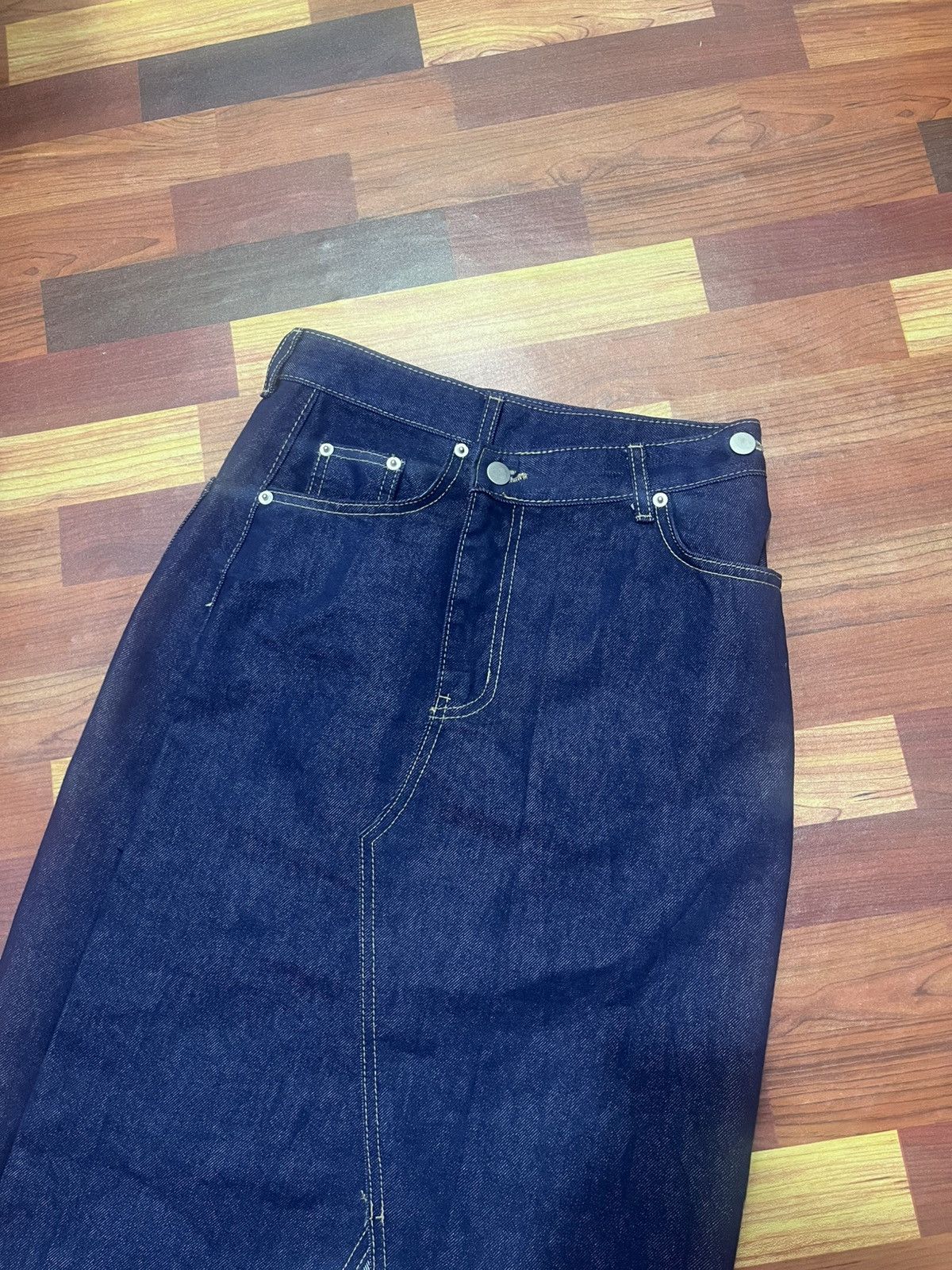 Japanese Brand JJIM Korean Raw Indigo Denim Long Skirt Front Slit Fit Size 26" / US 2 / IT 38 - 2 Thumbnail