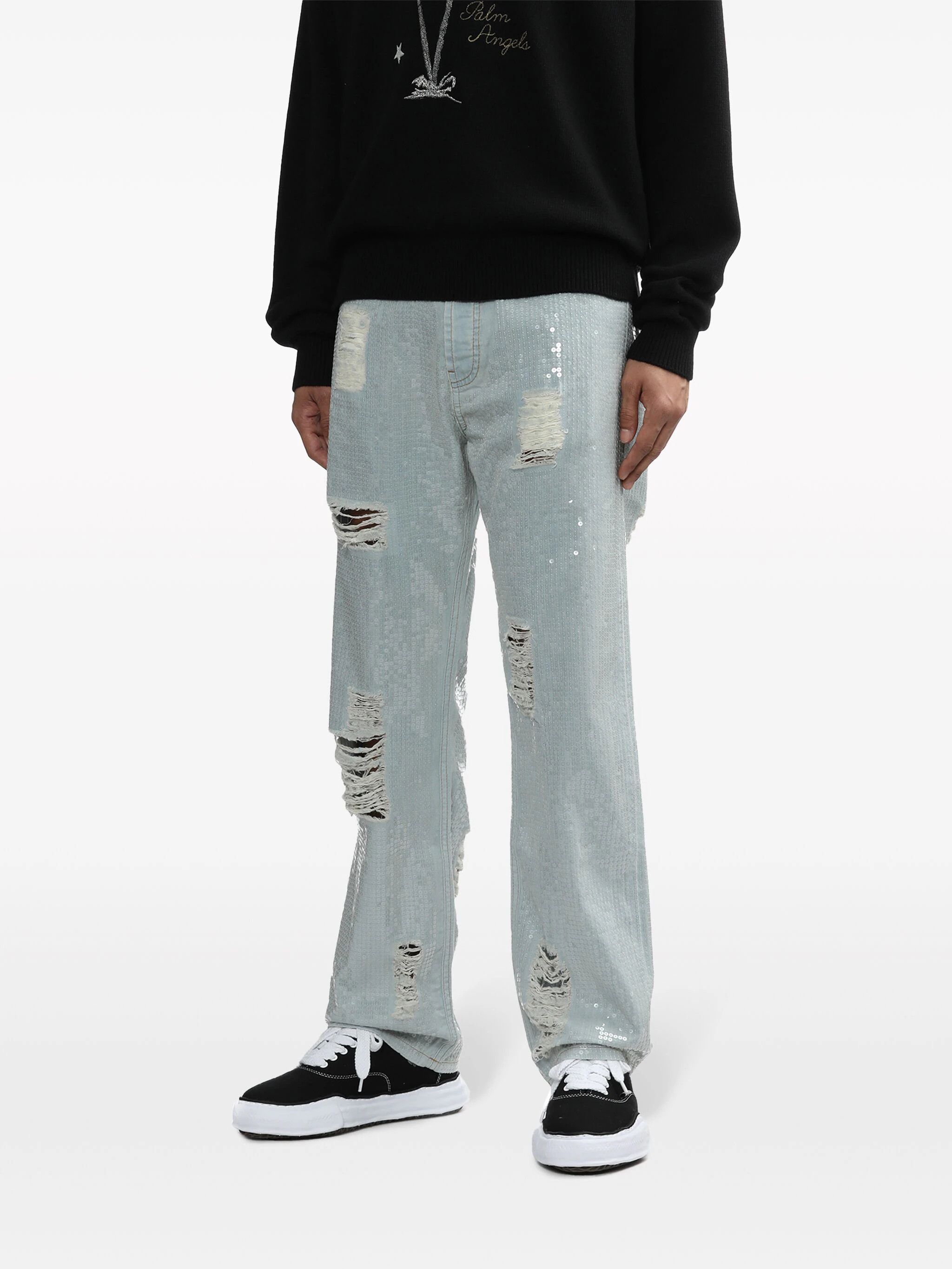 Palm Angels Sequin Embellished Ripped Straight-Leg Jeans Size US 30 / EU 46 - 2 Thumbnail