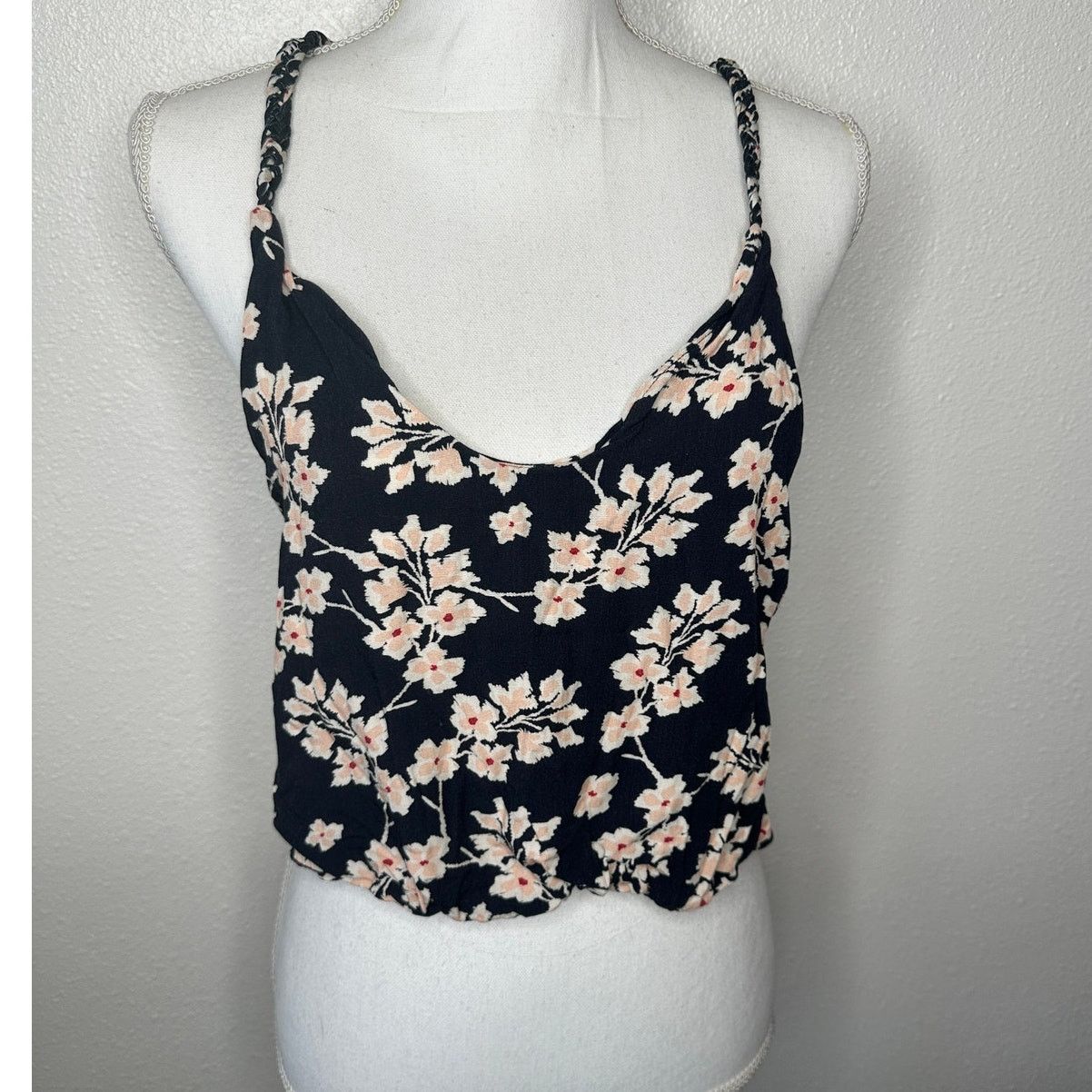 Other Boho Floral Braided Twist Back Tank Top Black Peach Linen Size XS / US 0-2 / IT 36-38 - 3 Thumbnail