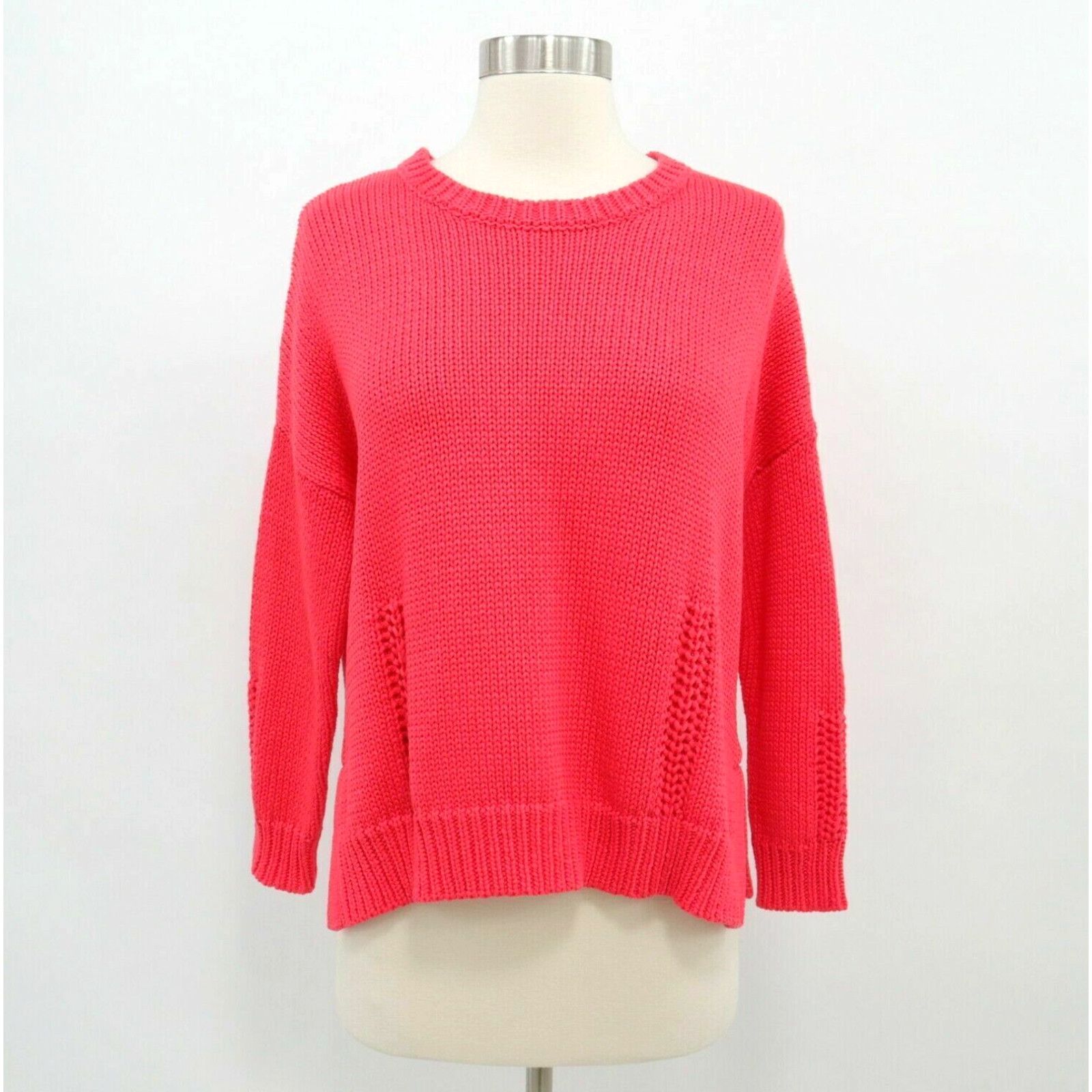 image of Vintage Demylee Sweater Pullover Womens S Red Chunky Knit Crew Neck Splits Drop Shoulder in White (