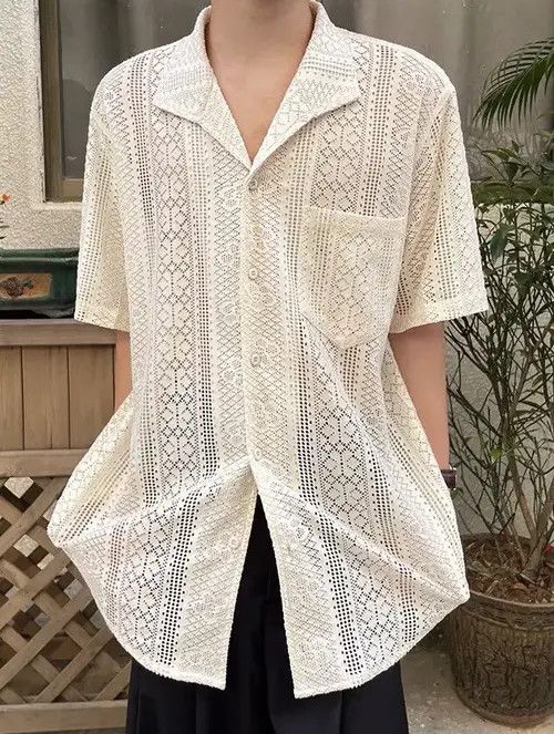 VIBE Korean fashion beige retro lace hollow button up shirt Size US XL / EU 56 / 4 - 5 Thumbnail