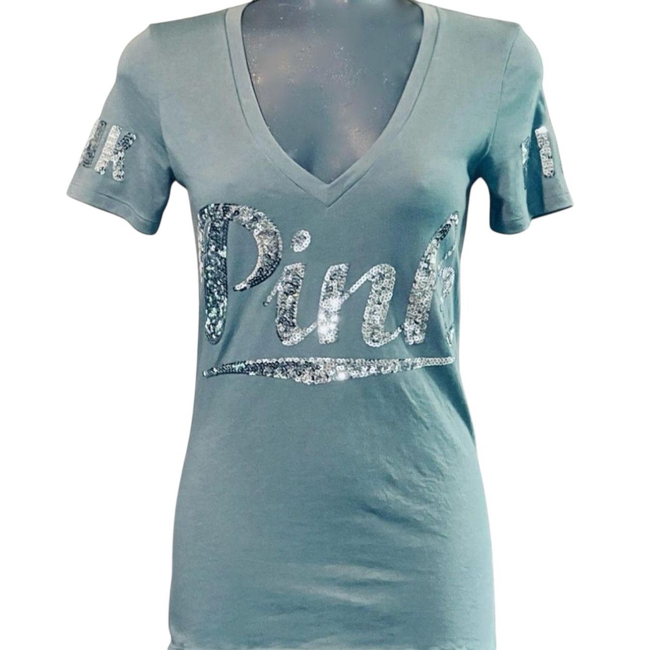 Designer × Pink Victoria's Secret PINK S Teal V Neck T Sequin Logo & Sleeves Size S / US 4 / IT 40 - 1 Thumbnail