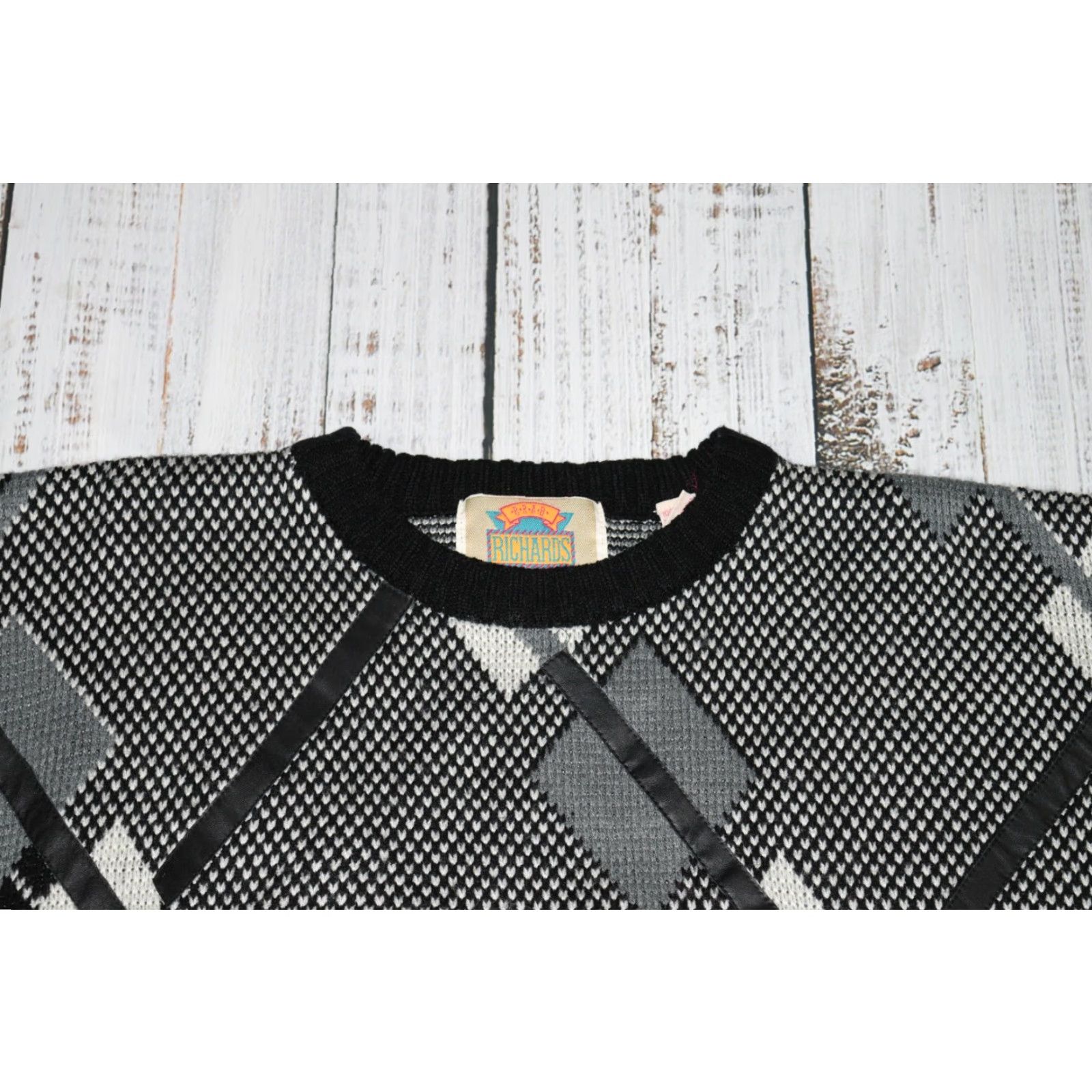 Vintage Brad Richards 90s Cosby Pullover Sweater Leather Accent Retro Geometric Vintage Mens SweatEr? Size US S / EU 44-46 / 1 - 2 Thumbnail
