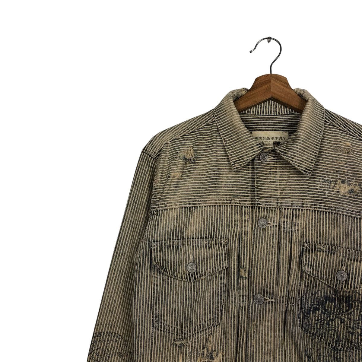 Ralph Lauren 🔥VINTAGE CROPPED BIKER JACKET HICKORY CHORE DENIM & SUPPPLY Size US XS / EU 42 / 0 - 9 Thumbnail