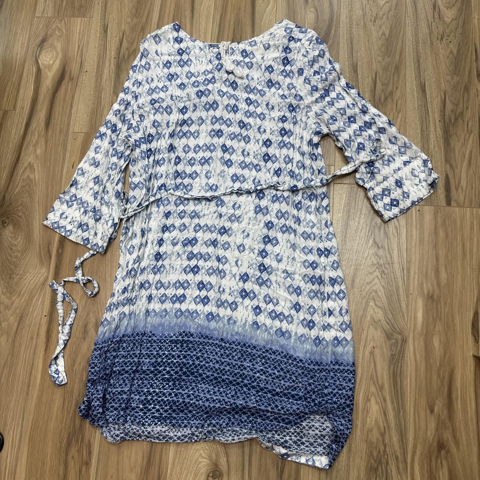 Faded Glory FADED GLORY Blue/White 3/4 Sleeve Dress Keyhole Tassel XL Size XL / US 12-14 / IT 48-50 - 1 Thumbnail
