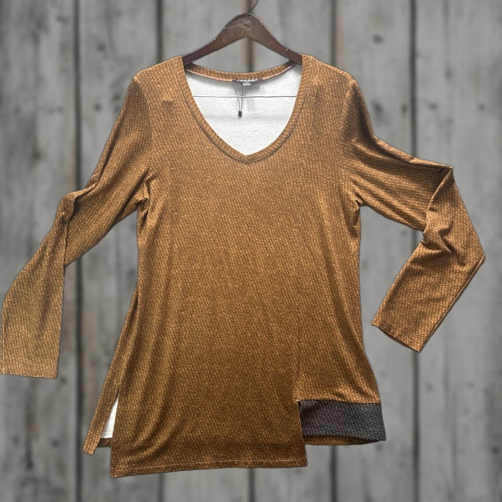 Vintage Luukaa Shirt Womens 10 Brown Cinnamon V Neck Tunic Long Sleeve Stretch Geometric Size L / US 10 / IT 46 - 1 Thumbnail