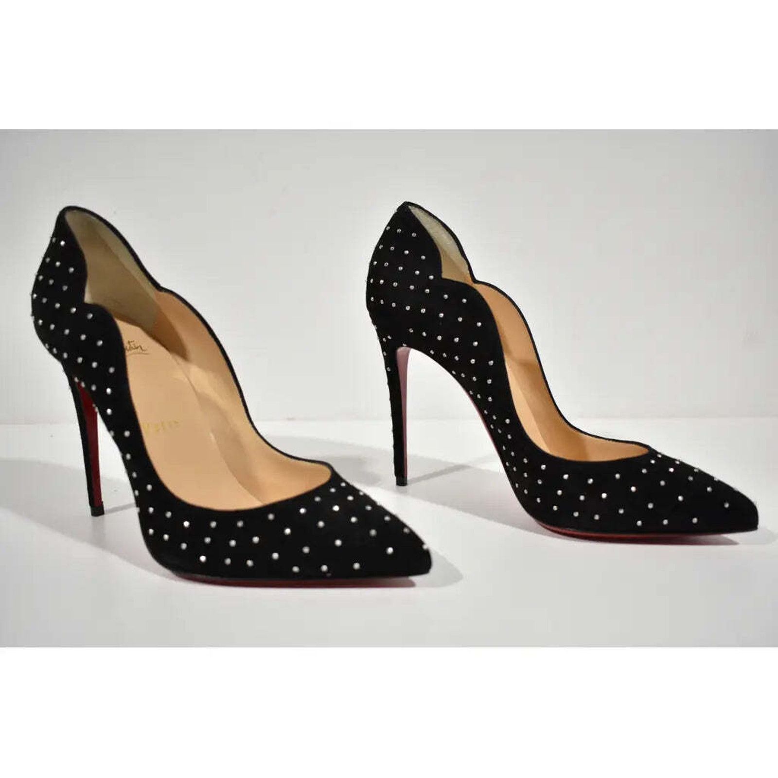 Christian Louboutin Hot Chick Plume 100 Black Silver Stud Suede Heel Pump 36.5 Size US 6.5 / IT 36.5 - 4 Thumbnail