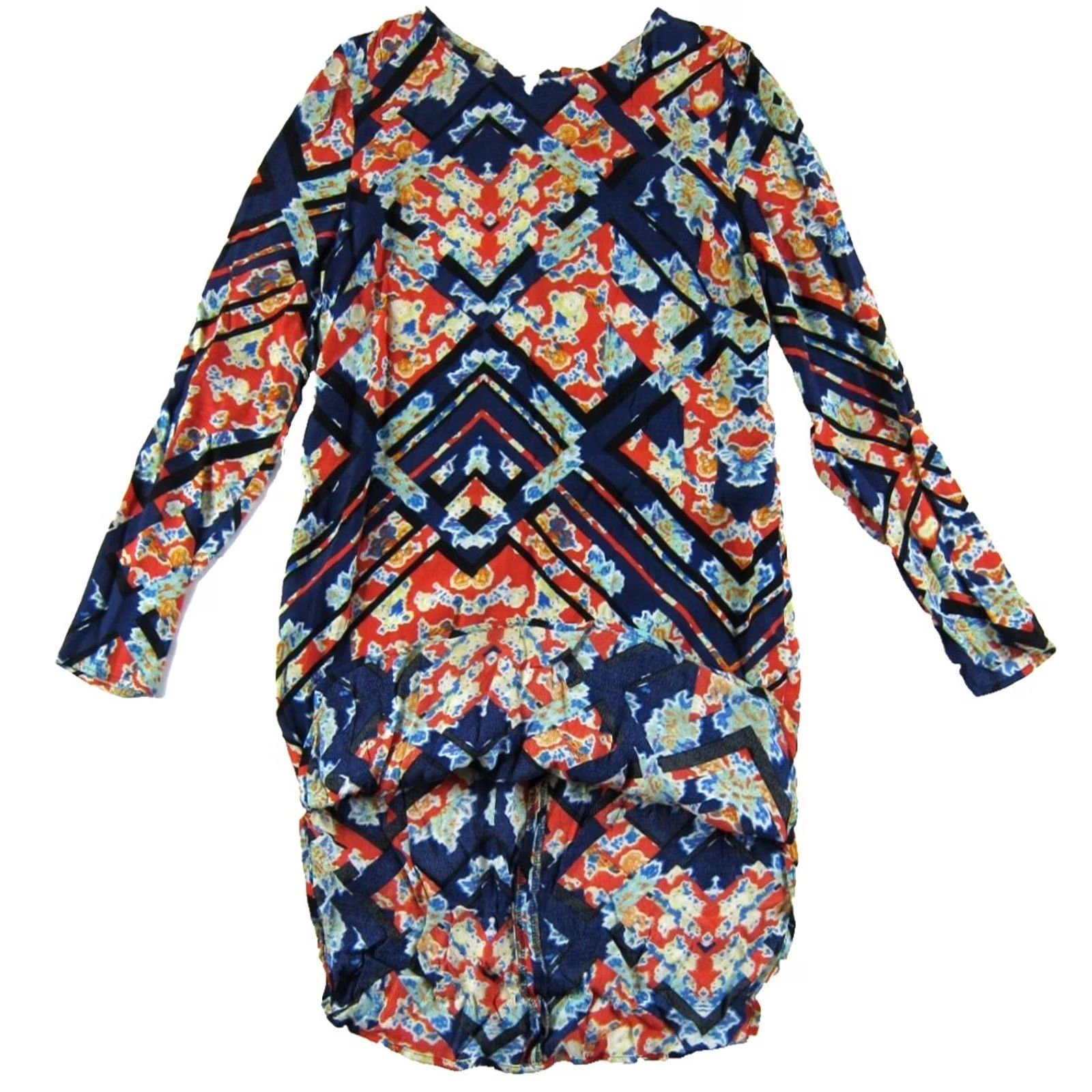 Vintage WAYF Shirt Dress XS Blue Orange Yellow Abstract Rayon Long Sleeve Shift Tunic Size XS / US 0-2 / IT 36-38 - 4 Thumbnail