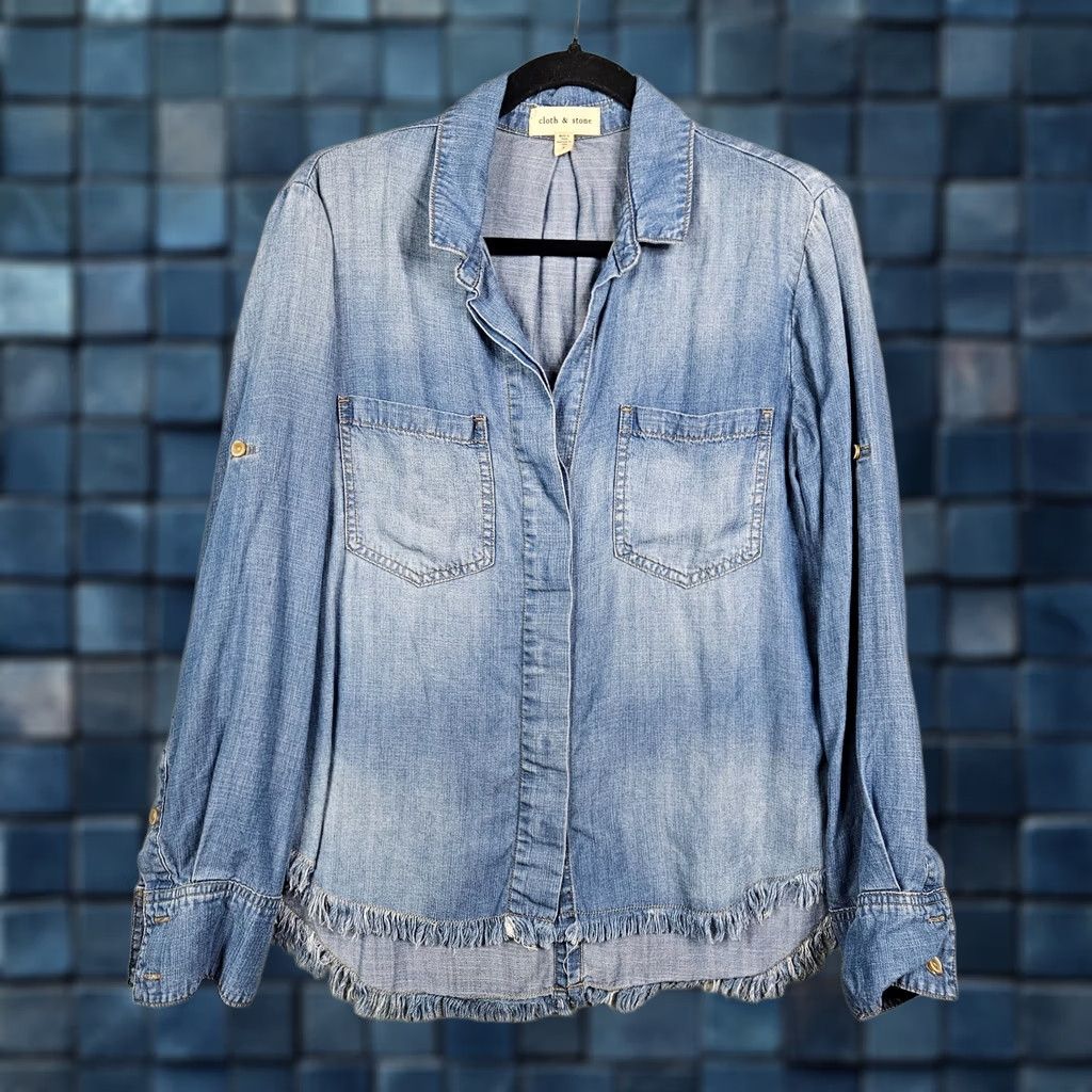 CLOT Cloth & Stone Button-Up Long Sleeve Chambray Blouse S Women Blue Sl Chunk Pleated Back Shirt L Size S / US 4 / IT 40 - 1 Thumbnail