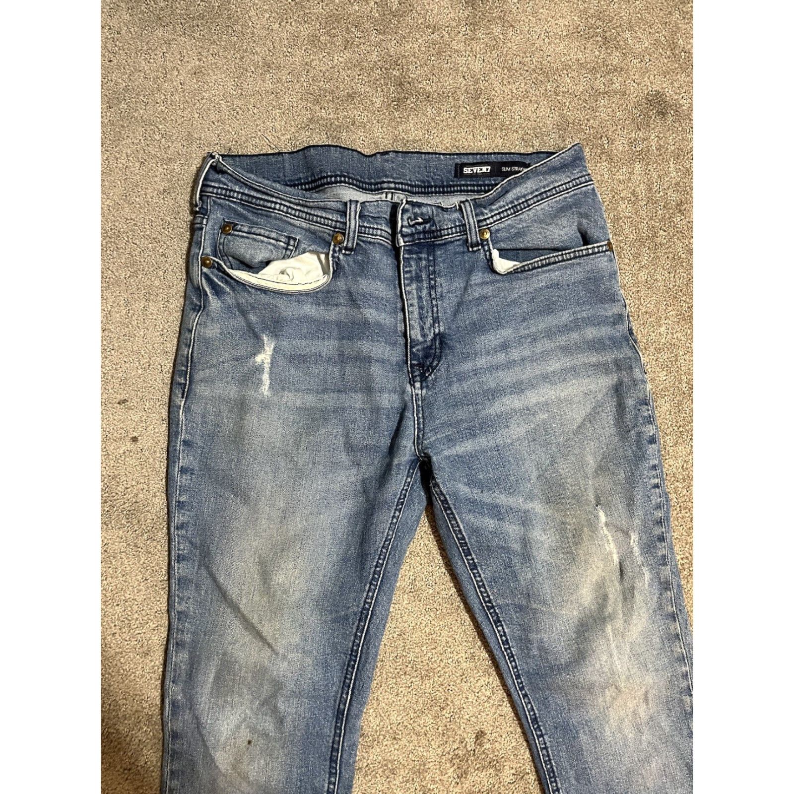 Vintage Seven 7 Jeans Mens 34x30 Slim Straight Fit Distressed Denim Blue 5-Pocket Stretch Comfort Slimming Regular Rise Mid 34 In Waist Inseam 30 In Classic Size US 34 / EU 50 - 5 Thumbnail
