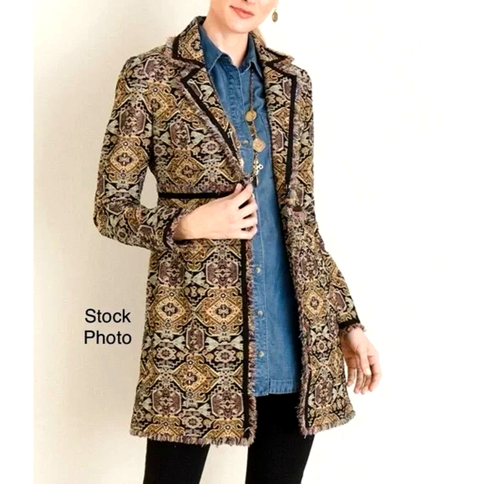 Chicos CHICO'S GOLD METALLIC JACQUARD BROCADE FRAYED HEM MIDI COAT Size XL / US 12-14 / IT 48-50 - 1 Thumbnail