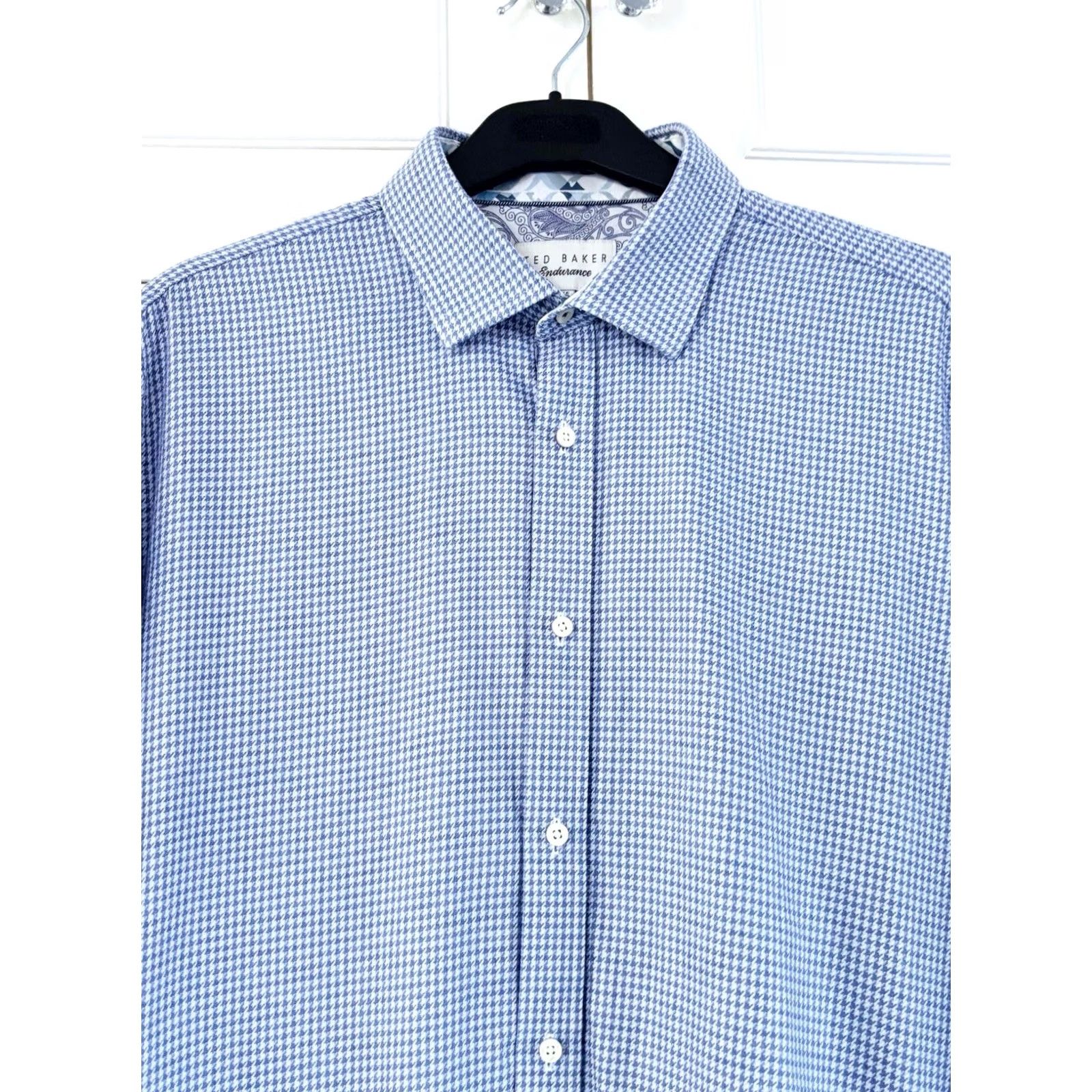 Ted Baker Ted Baker Formal Shirt Size 16.5” Mens Houndstooth Paisley Blue White VGC Size 46R - 3 Thumbnail
