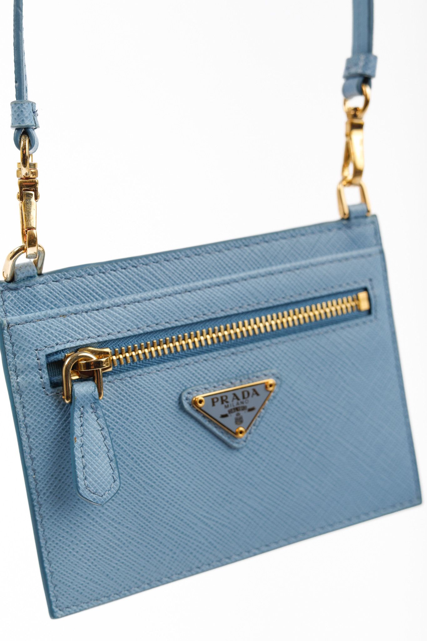 Prada Blue Saffiano Leather Shoulder-Strap Card Holder