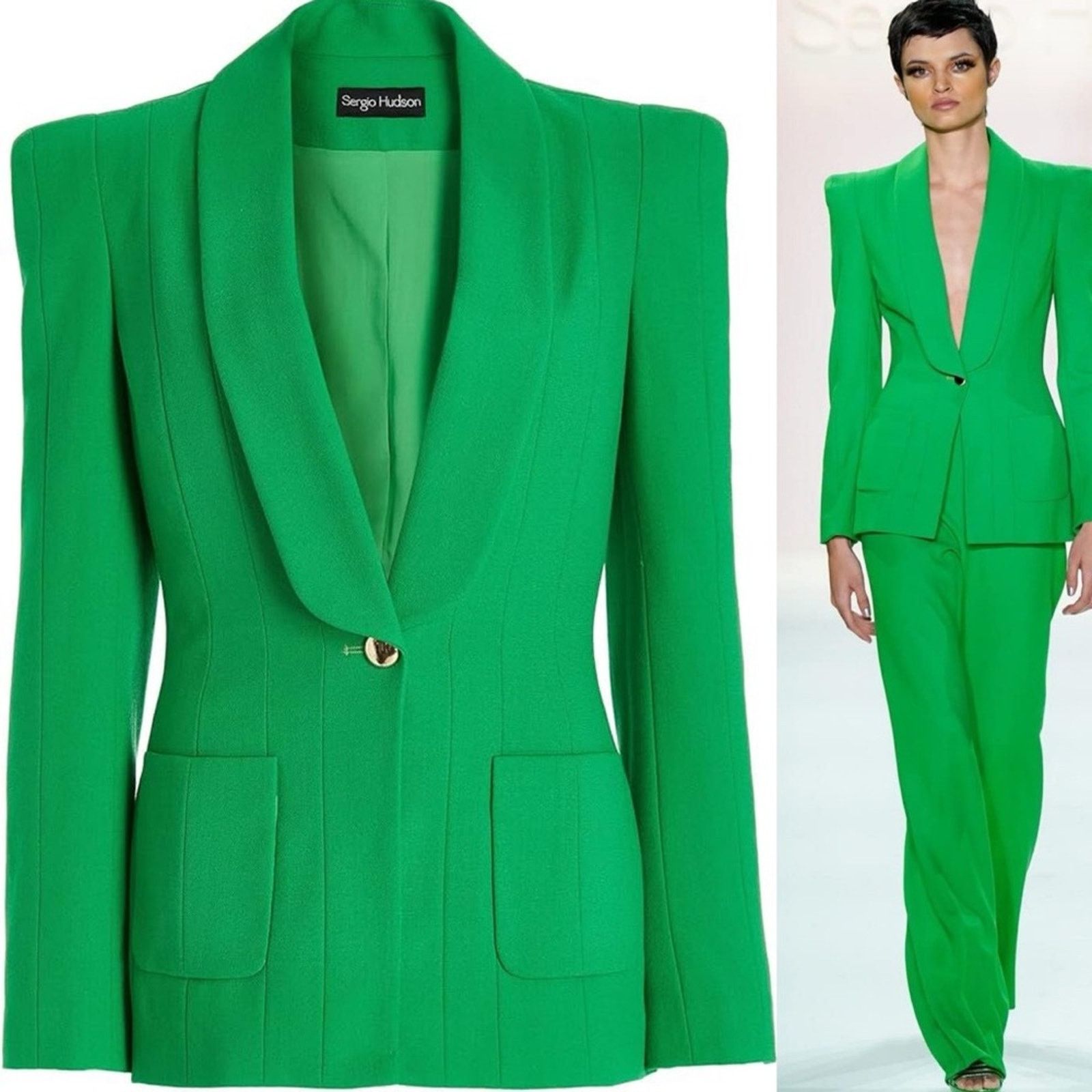 Other Sergio Hudson Wool Shawl-Collar One Button Blazer Green Size L / US 10 / IT 46 - 1 Thumbnail