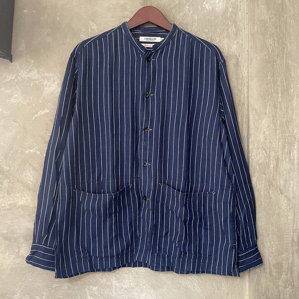 Designer × Japanese Brand × OMNIGOD Work Overshirt Wabash Omnigod Band Collar Striped Indigo Size US L / EU 52-54 / 3 - 5 Thumbnail