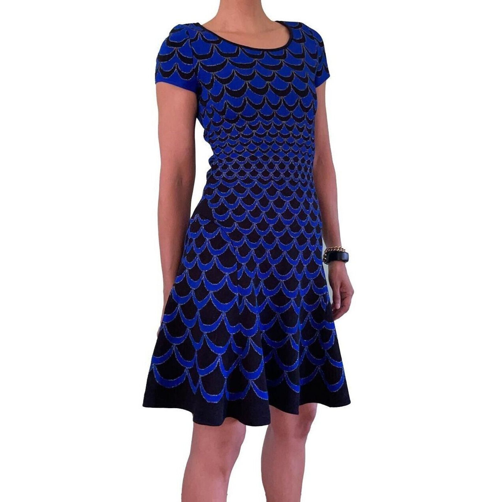 Diane von Furstenberg DIANE VON FURSTENBERG Blue Scalloped Knit Fit Flare Dress P Size S / US 4 / IT 40 - 3 Thumbnail