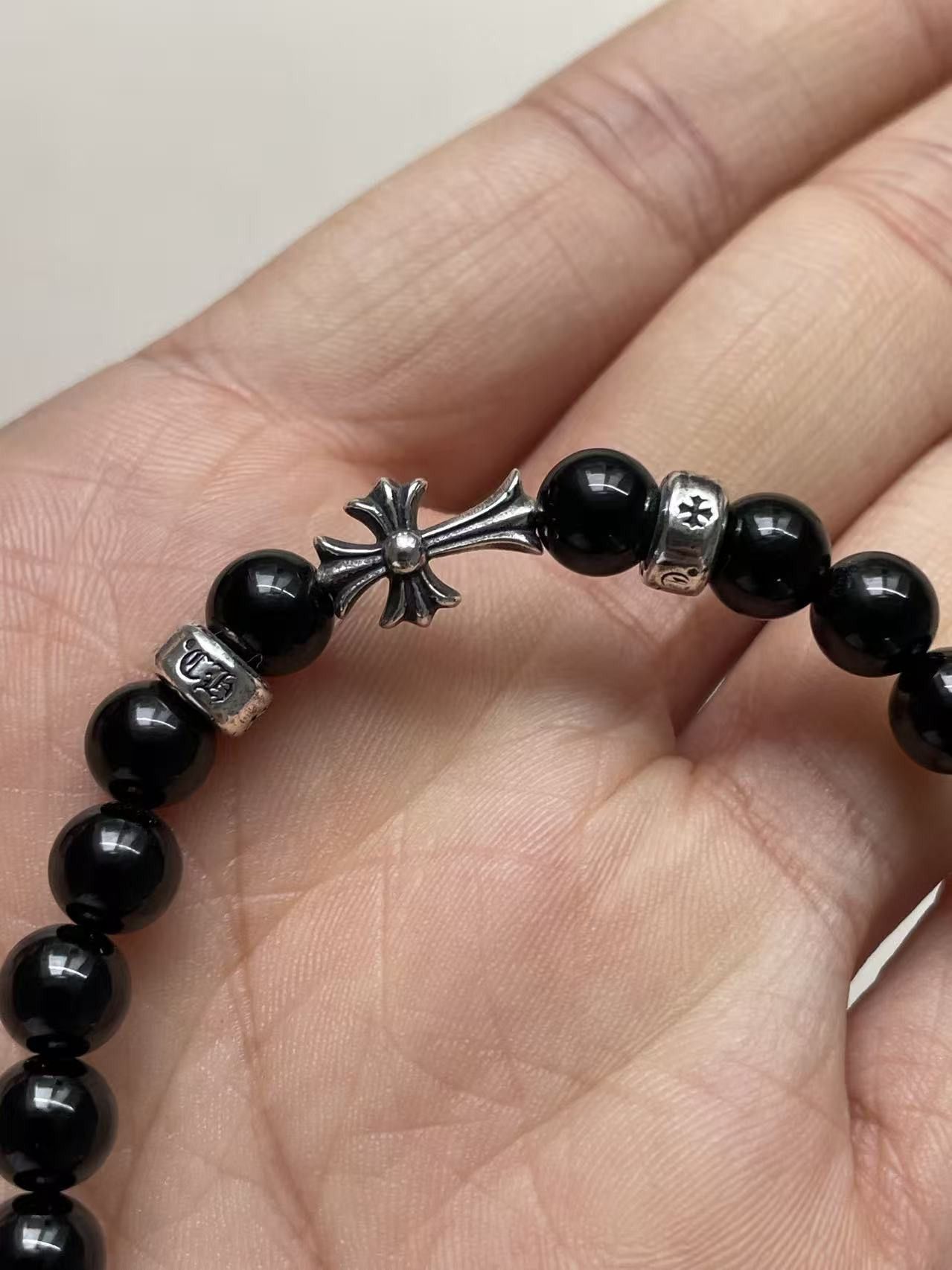 Chrome Hearts Chrome Hearts 6mm Obsidian 3 Silver Cross Bracelet Size ONE SIZE - 6 Thumbnail