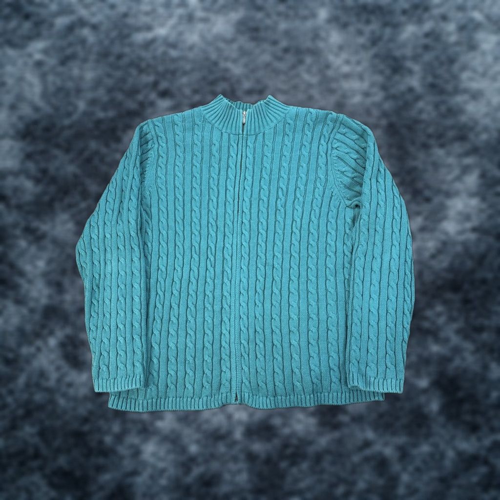 Vintage LL Bean Sweater Women’s 2X Full Zip Cable Knit Turquoise Fishermen Cottagecore Size XXL / US 16-18 / IT 52-54 - 1 Thumbnail