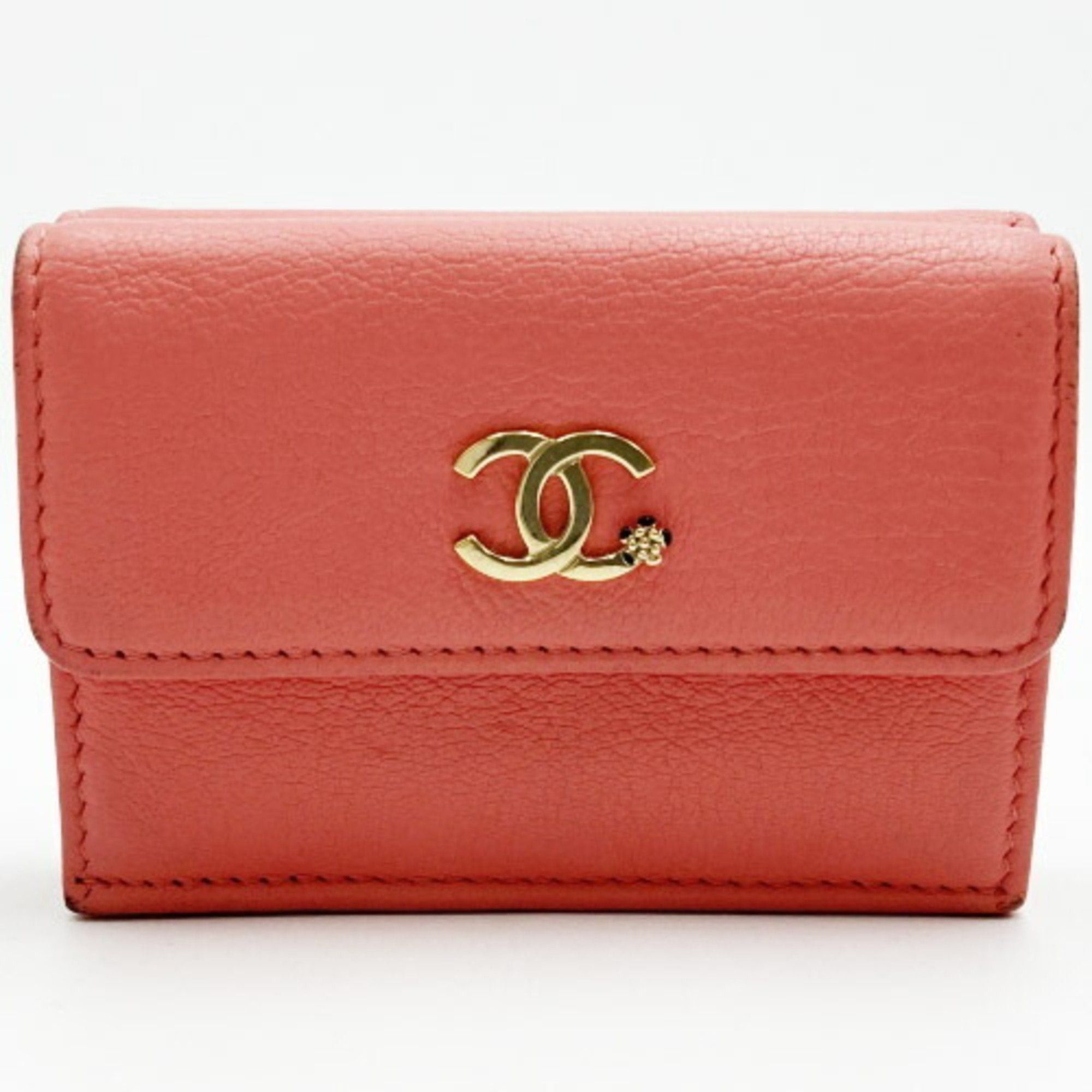 image of Chanel Trifold Wallet Coco Mark Lucky Flower Pink Coral Leather Women's Accessories Itr2Hum8H274