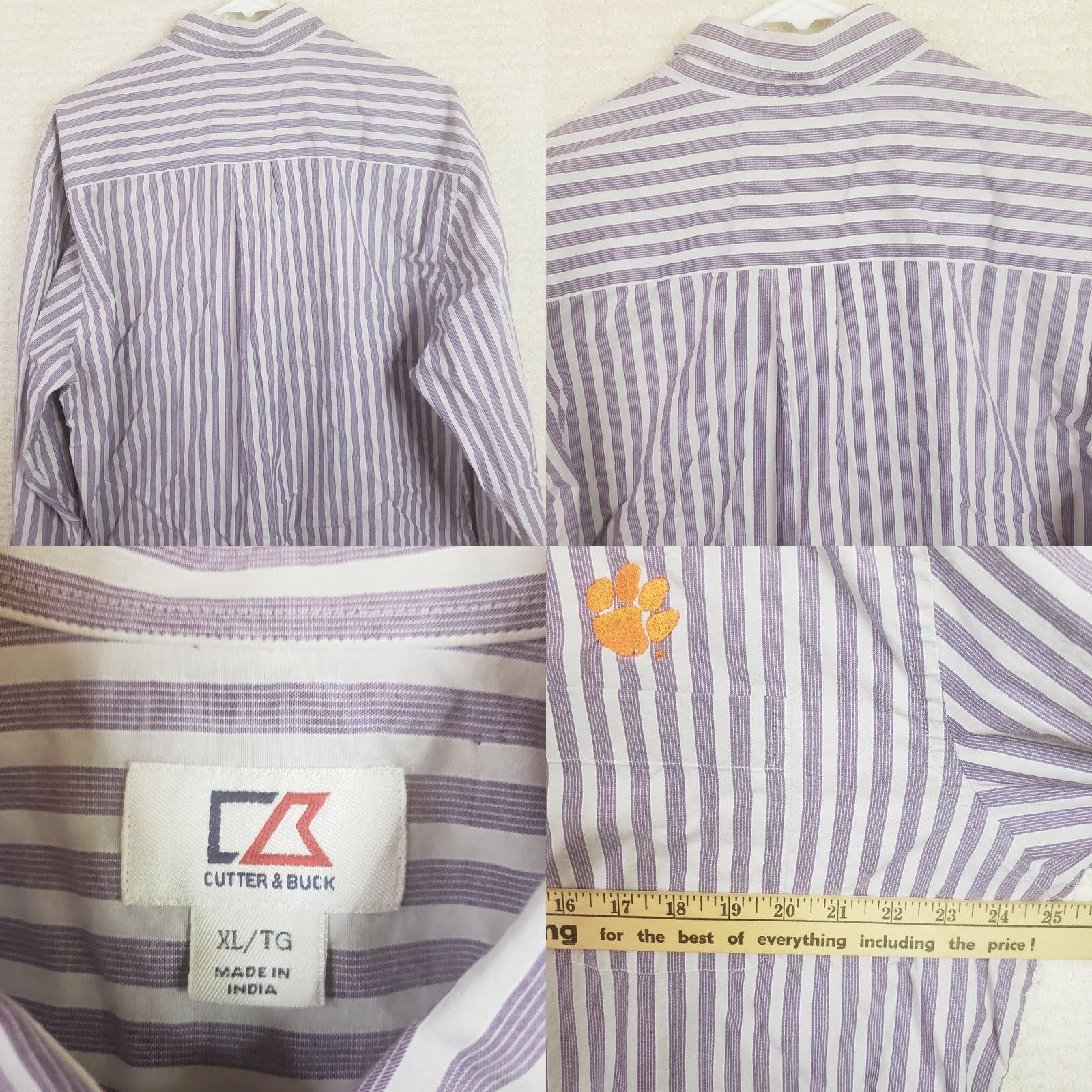 Cutter & Buck Cutter & Buck Clemson Tigers Mens XL Purple Striped Button-Up Shirt Size US L / EU 52-54 / 3 - 8 Thumbnail