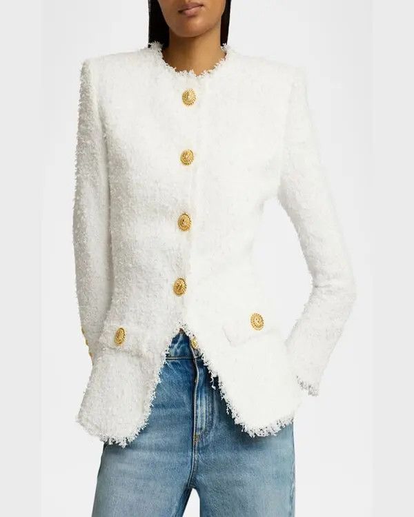 Balmain o1s1wg111225 Collarless Tweed Jacket in White Size S / US 4 / IT 40 - 3 Thumbnail