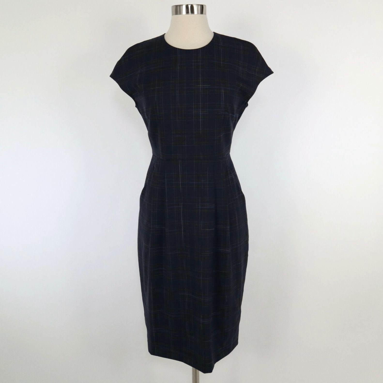 image of Vintage Mm.lafleur Sheath Dress Masha 3.0 0P Petite New Plaid Blue Black Cap Sleeve $295 in White, 