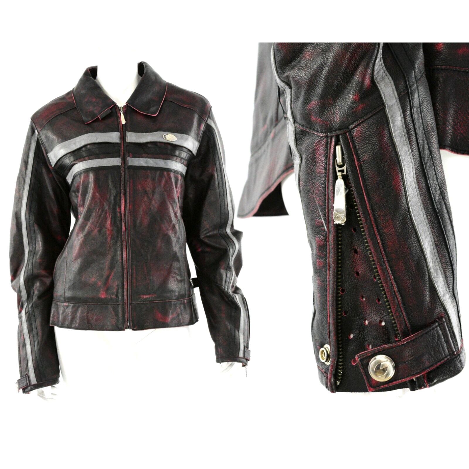 Image of Shein Womens 14 Hein Gericke Red Distressed Leather Motorcycle Jacket in White (Size XL)