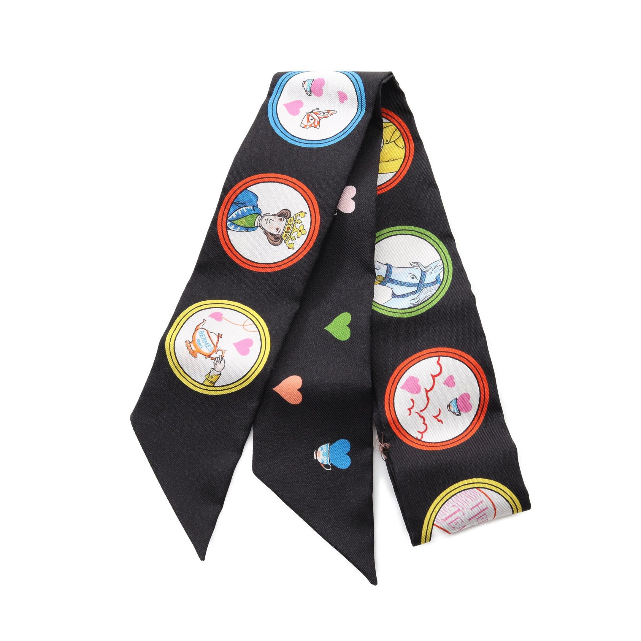 Hermes Twilly Tea Time Ribbon Scarf Silk Black Multicolor