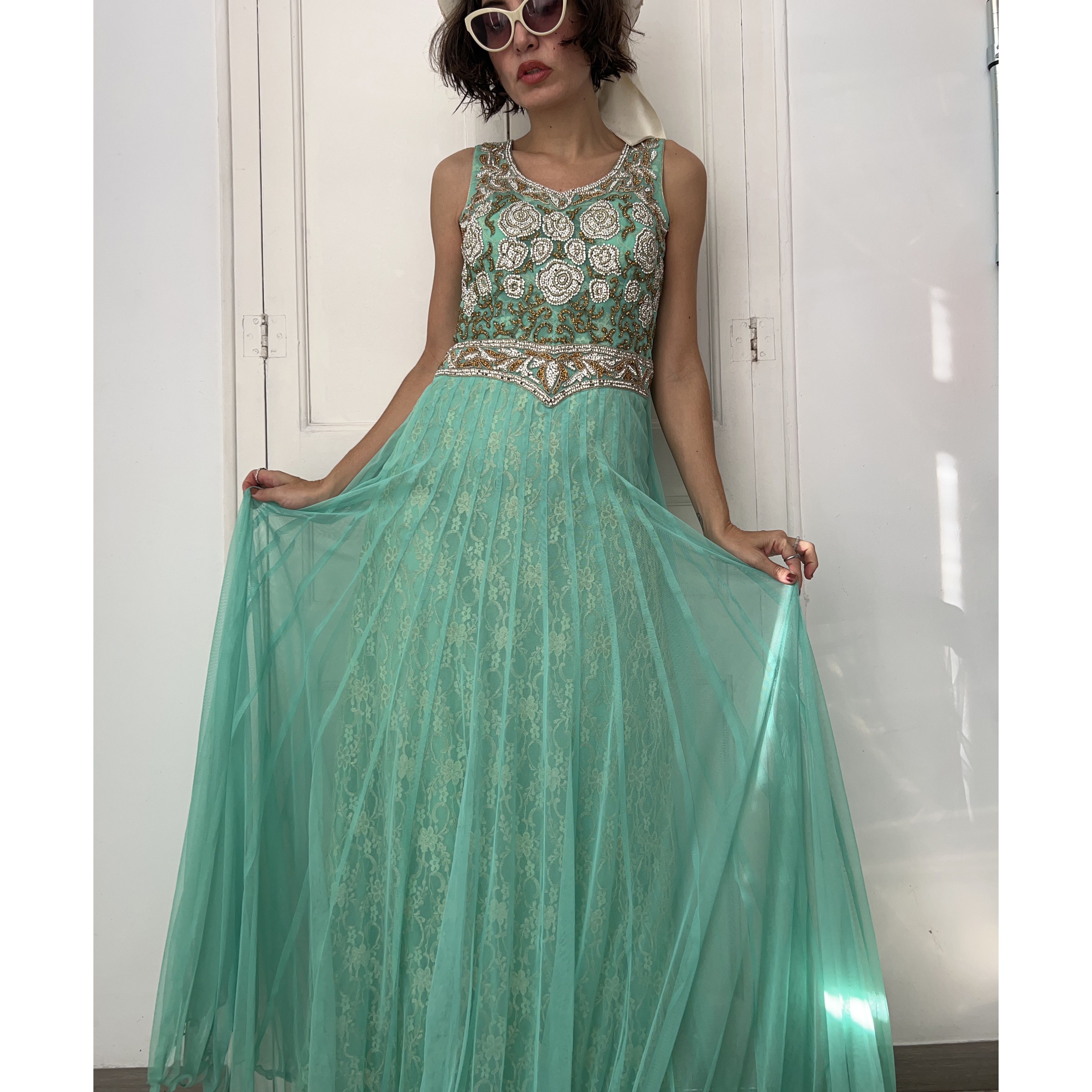 Vintage Mint Green Gold Embroidered Anarkali Gown Size M / US 6-8 / IT 42-44 - 9 Thumbnail