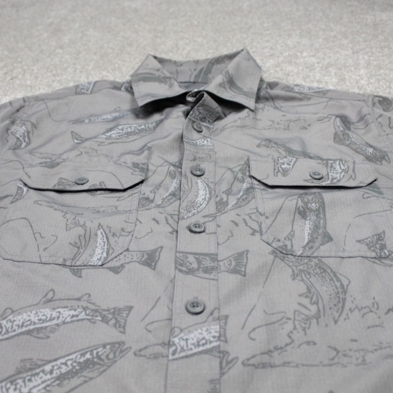 Croft & Barrow Croft & Barrow Quick Dry AOP Shirt Men S Gray Fish All Over Print S/S Button Up Shirt Size US S / EU 44-46 / 1 - 4 Thumbnail