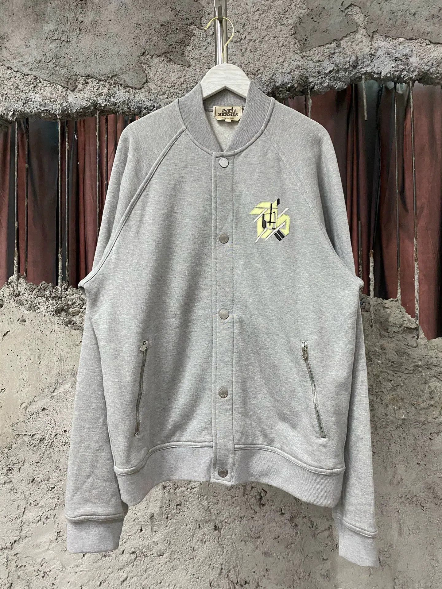 Hermes Gray Button-Front Bomber Jacket with Embroidered Logo. Size US M / EU 48-50 / 2 - 1 Thumbnail