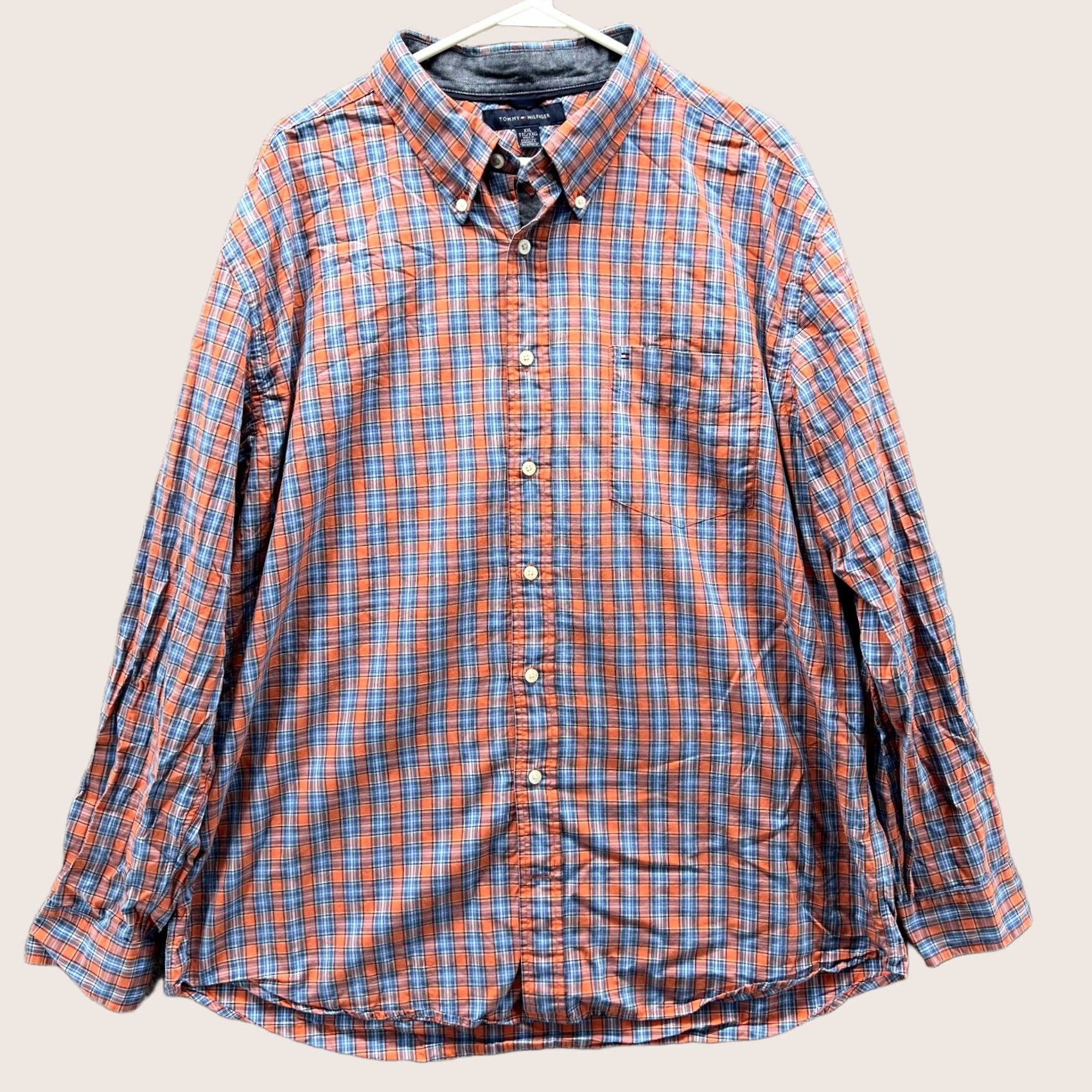 Tommy Hilfiger VINTAGE Tommy Hilfiger Dress Shirt Men 2XL Orange Blue Button-Down Plaid Classic Full Button-Up Shirts Mens Size 48R - 1 Thumbnail